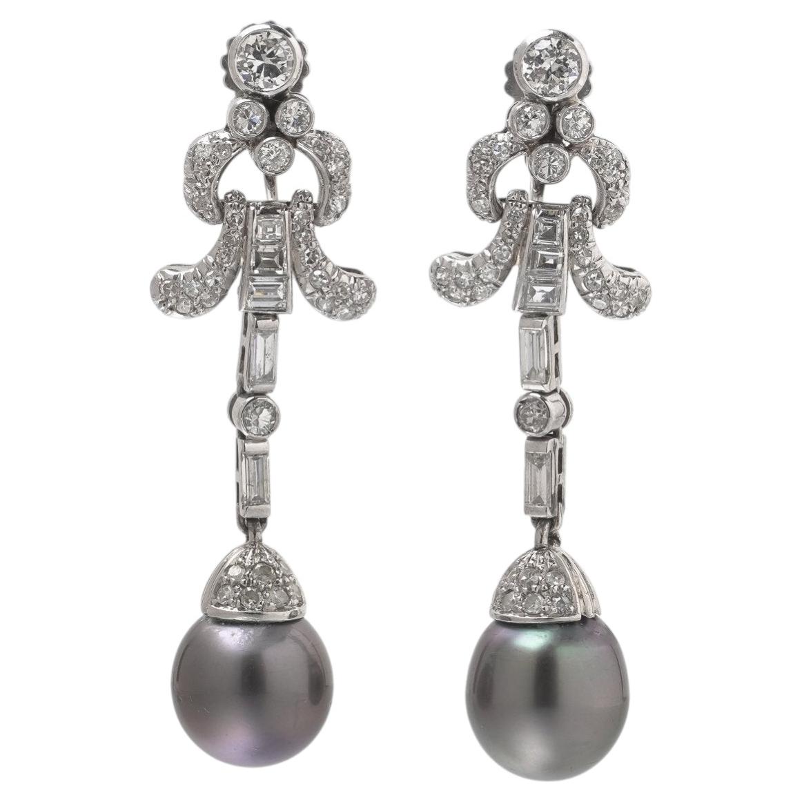 Vintage Platinum Diamond and Tahitian Pearl Articulated Drop Earrings