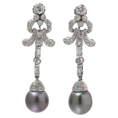 Vintage Platinum Diamond and Tahitian Pearl Articulated Drop Earrings