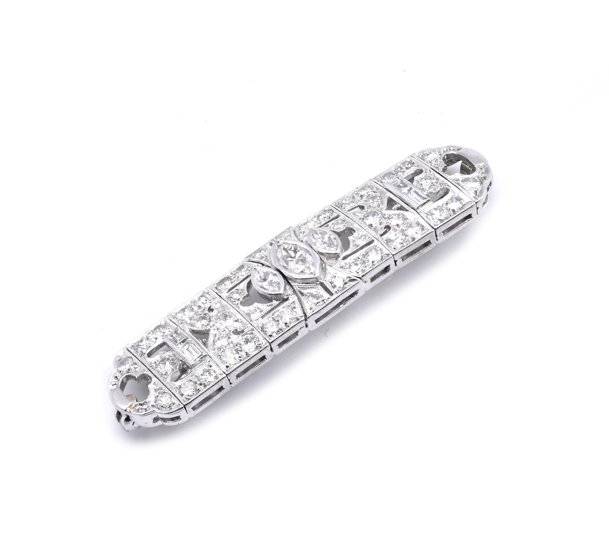 Mixed Cut Vintage Platinum Diamond Bar Pin For Sale