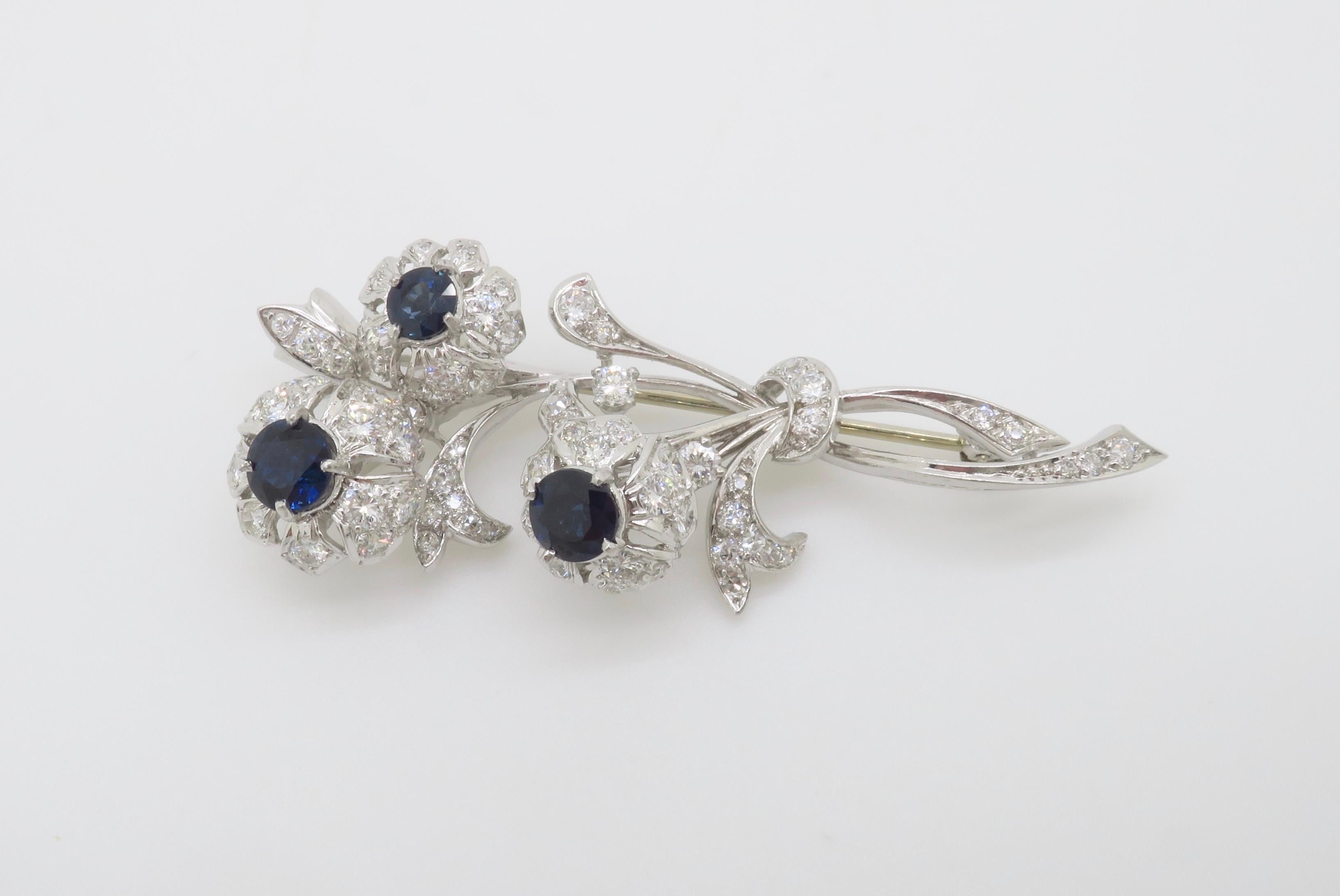 Vintage Platinum Diamond & Blue Sapphire Nosegay Brooch For Sale 6