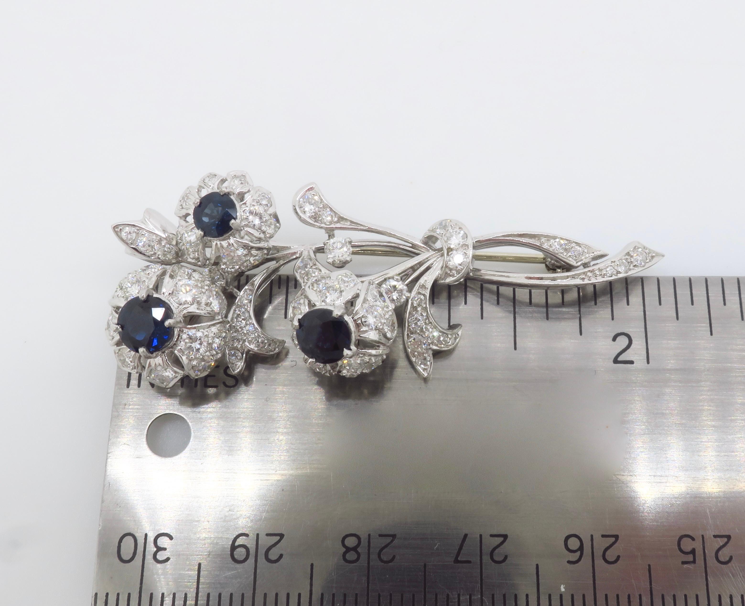 Vintage Platinum Diamond & Blue Sapphire Nosegay Brooch For Sale 7