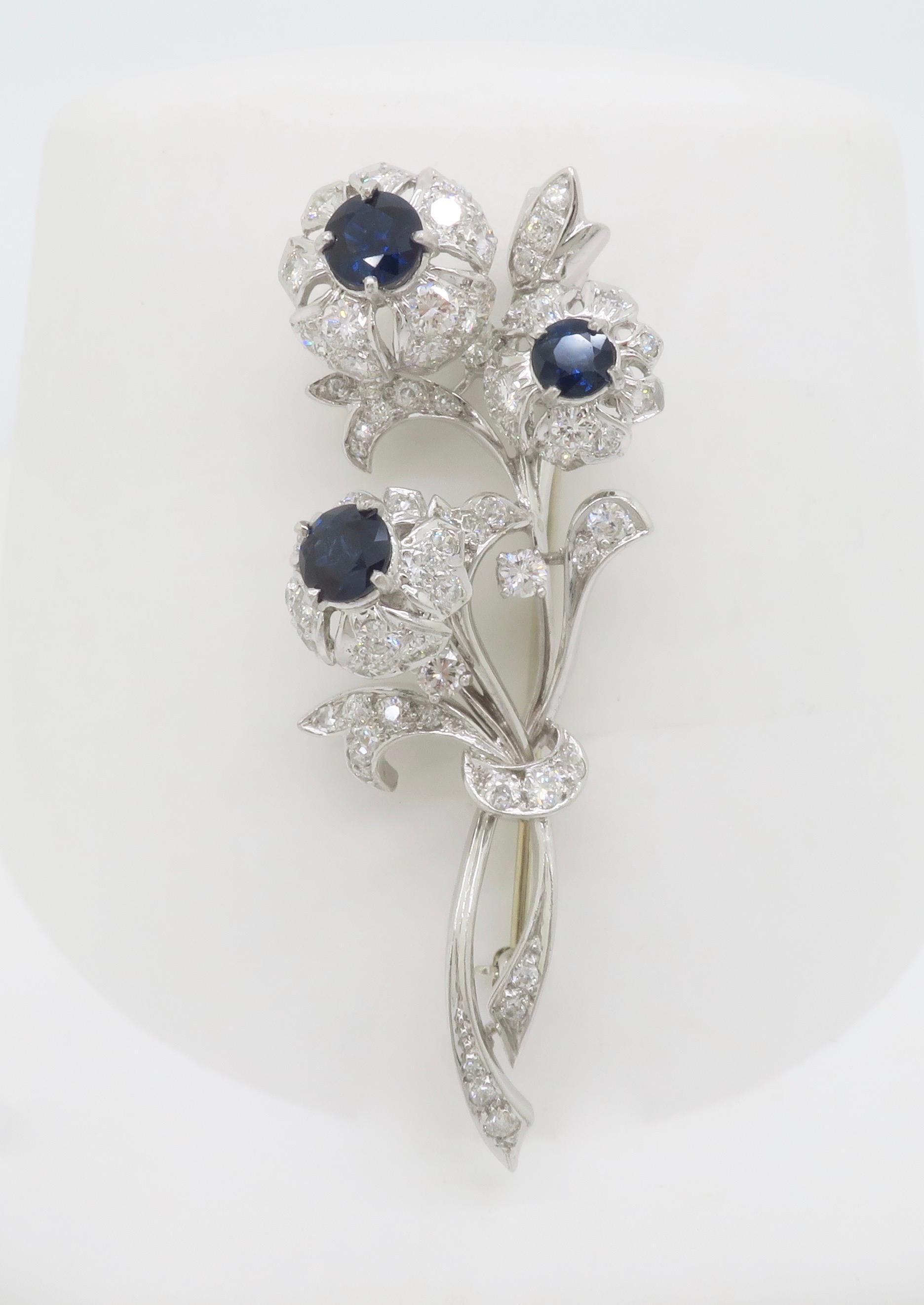 Round Cut Vintage Platinum Diamond & Blue Sapphire Nosegay Brooch For Sale