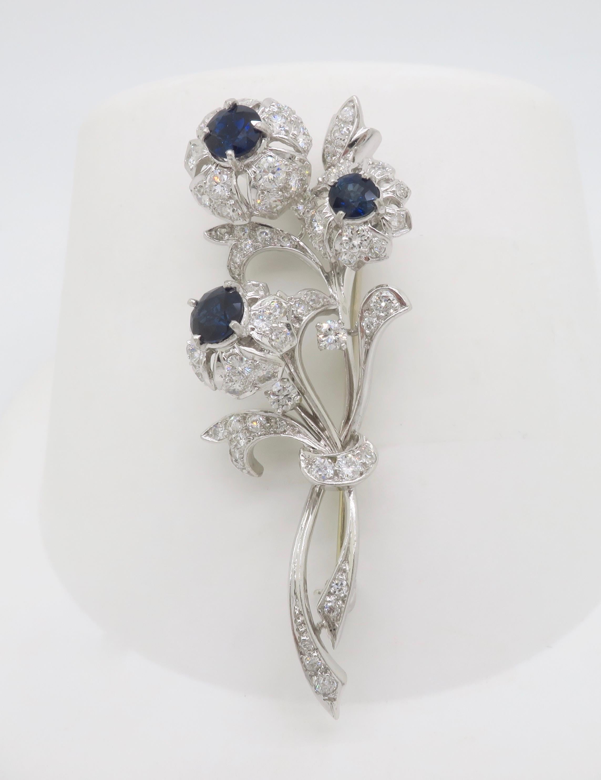 Vintage Platinum Diamond & Blue Sapphire Nosegay Brooch In Excellent Condition For Sale In Webster, NY