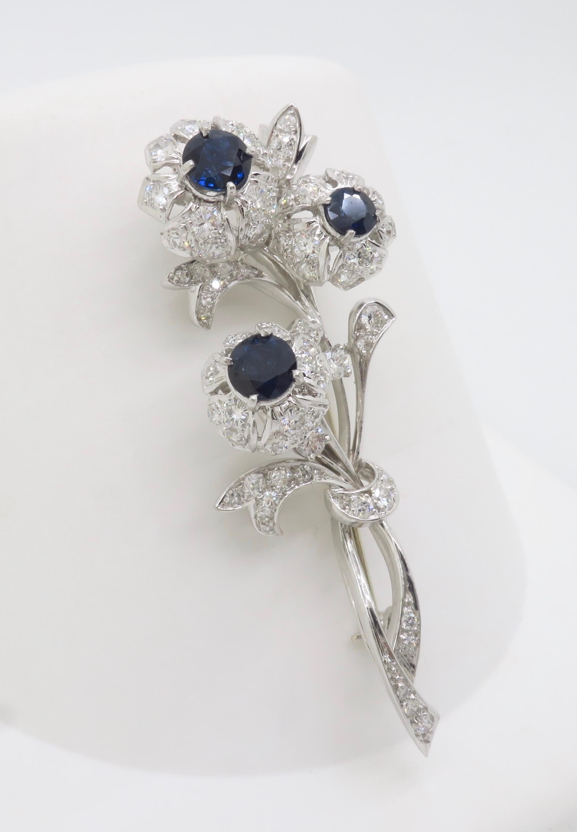 Women's or Men's Vintage Platinum Diamond & Blue Sapphire Nosegay Brooch For Sale