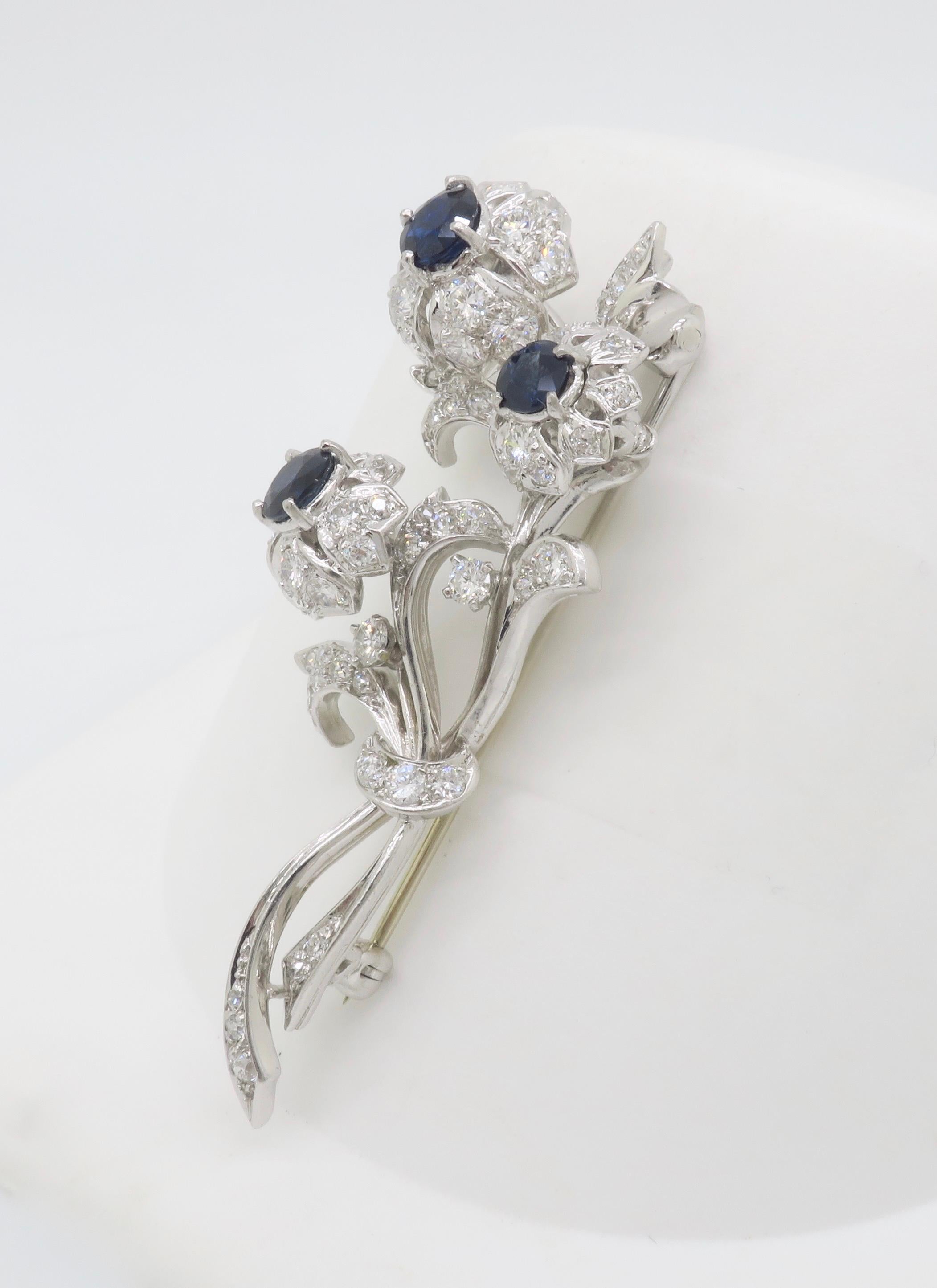 Vintage Platinum Diamond & Blue Sapphire Nosegay Brooch For Sale 1