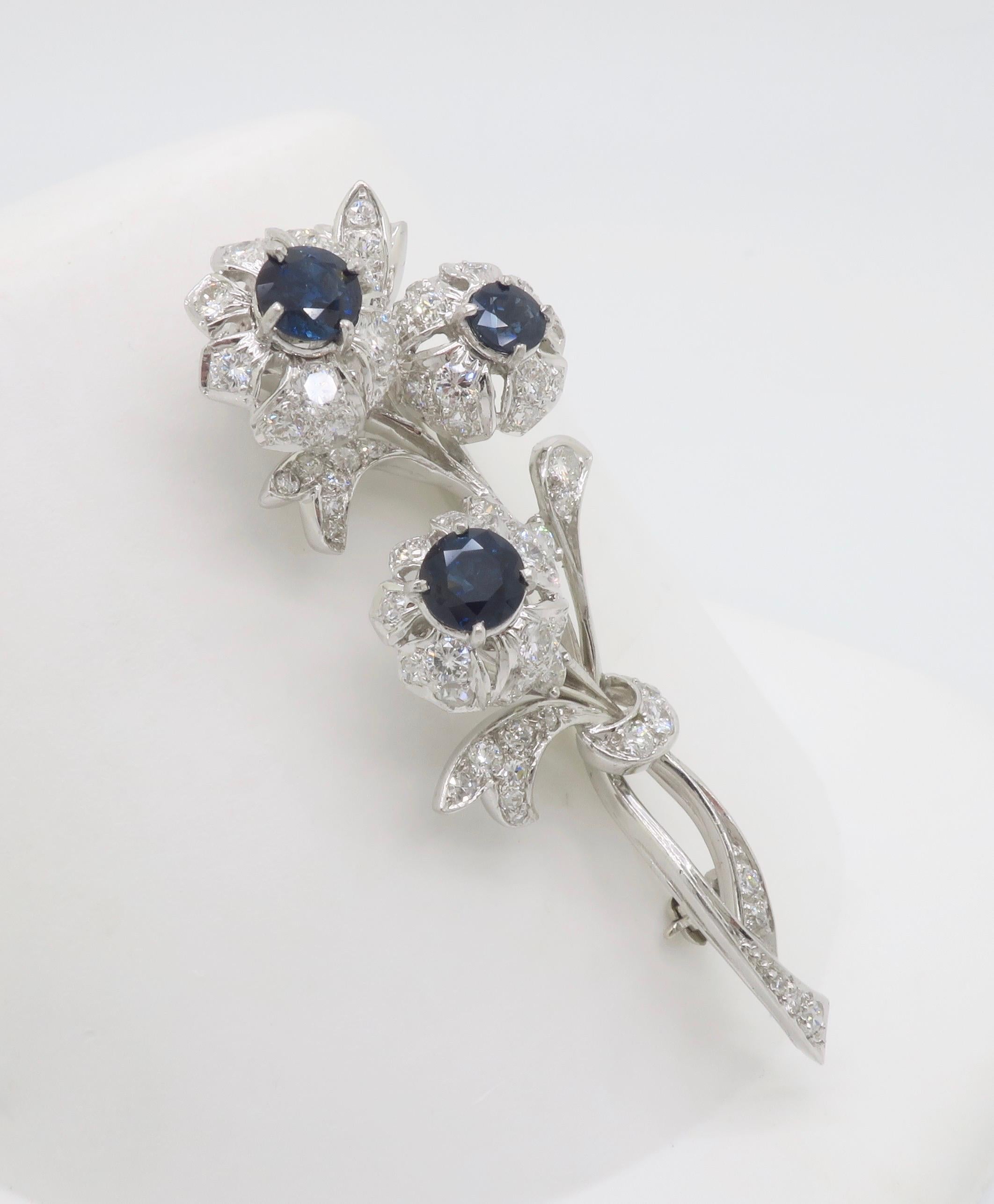 Vintage Platinum Diamond & Blue Sapphire Nosegay Brooch For Sale 2