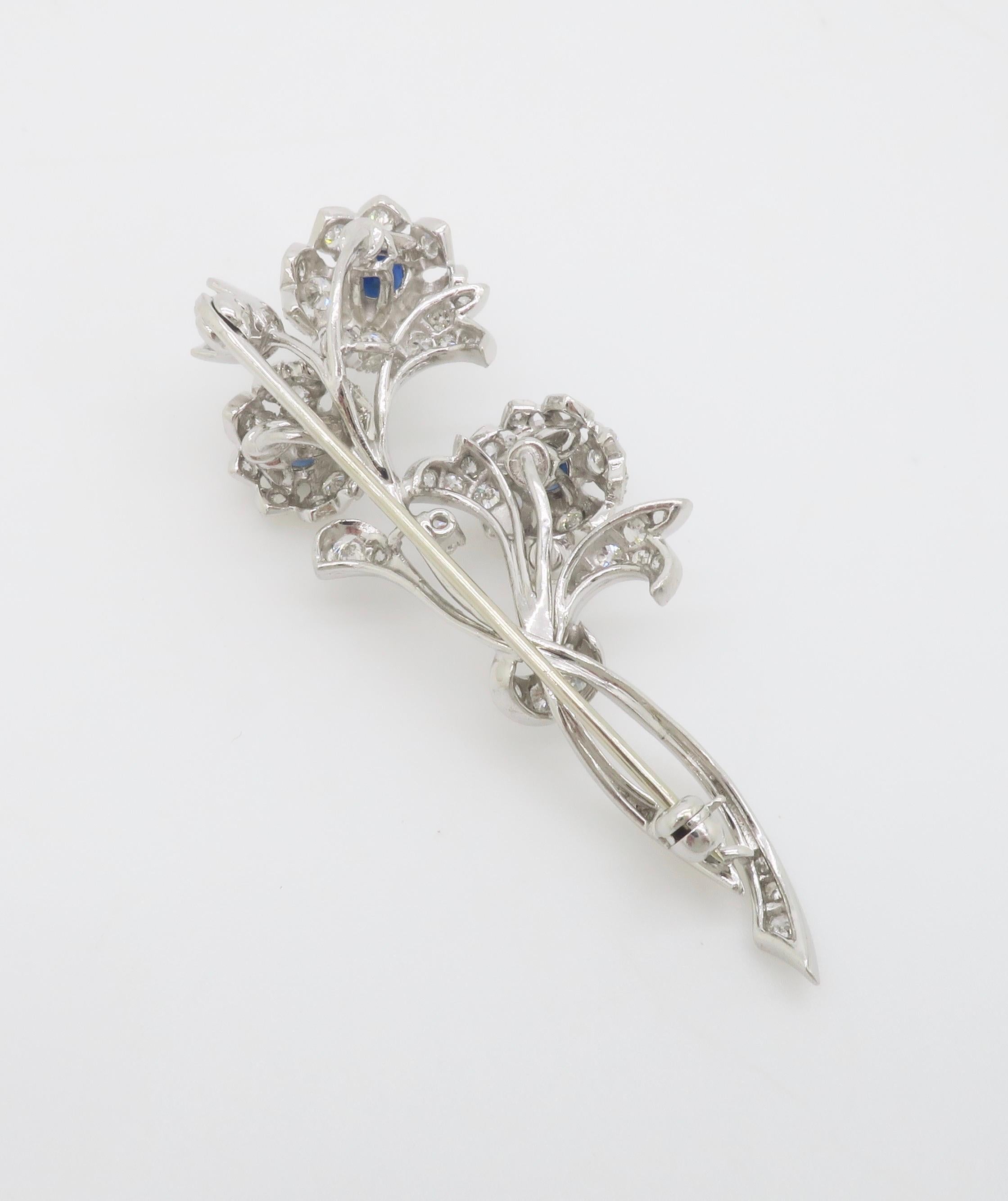 Vintage Platinum Diamond & Blue Sapphire Nosegay Brooch For Sale 3