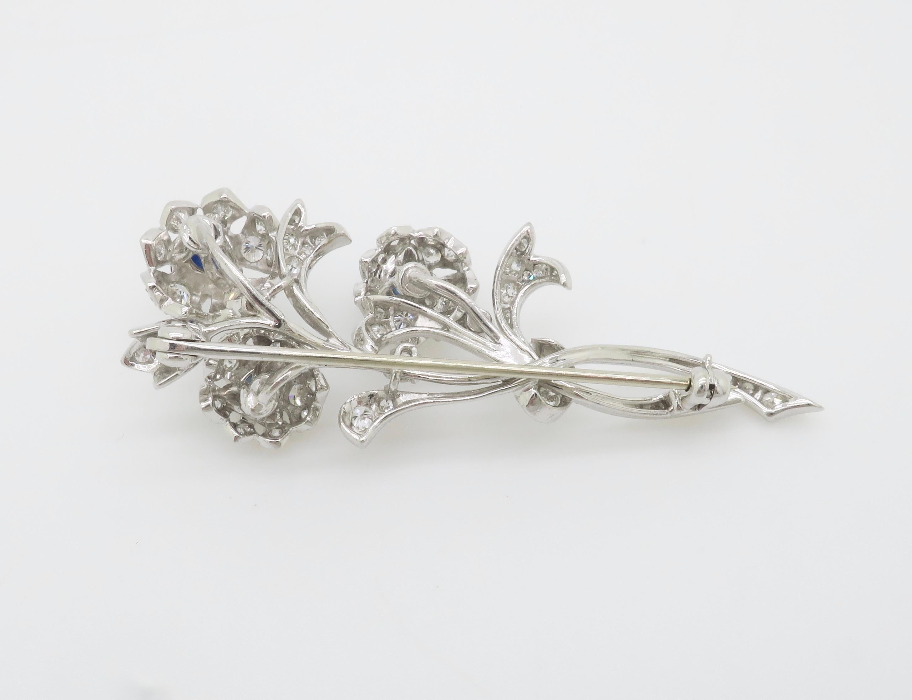 Vintage Platinum Diamond & Blue Sapphire Nosegay Brooch For Sale 4