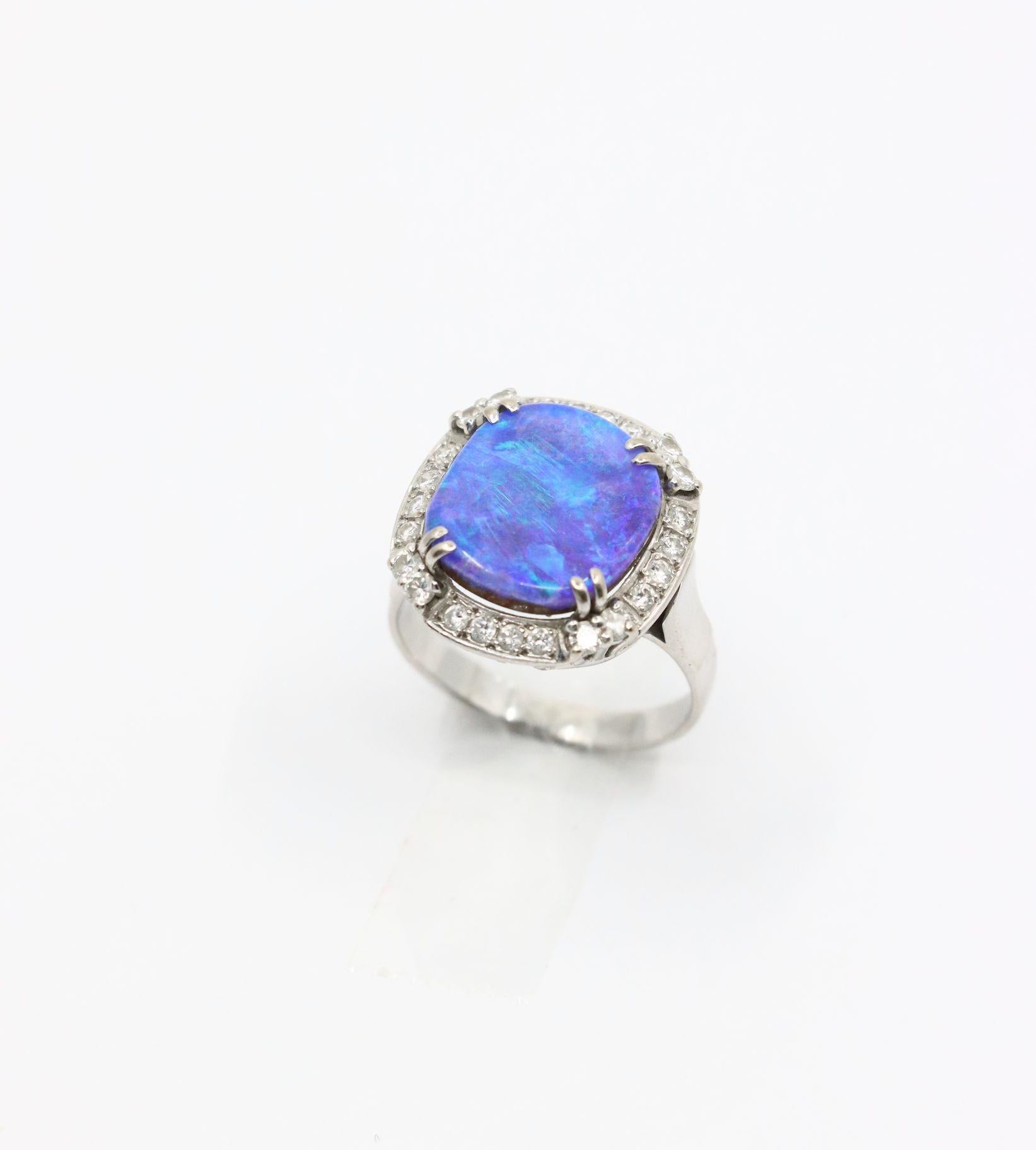 Vintage Platinum Diamond Boulder Opal Ring For Sale 6