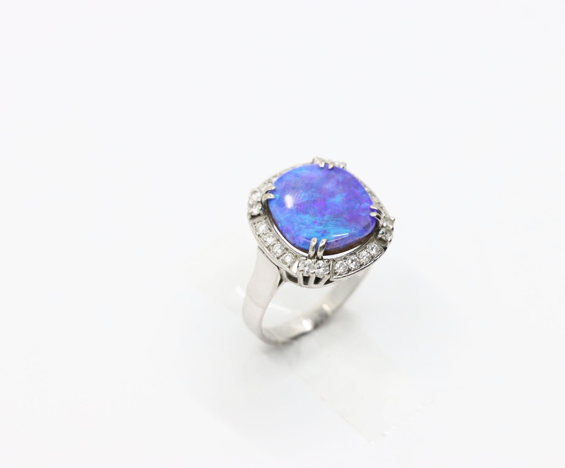 Vintage Platinum Diamond Boulder Opal Ring For Sale 7