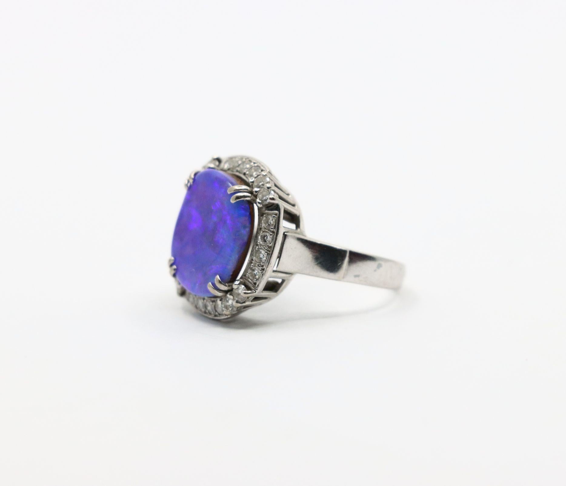 Vintage Platinum Diamond Boulder Opal Ring For Sale 1
