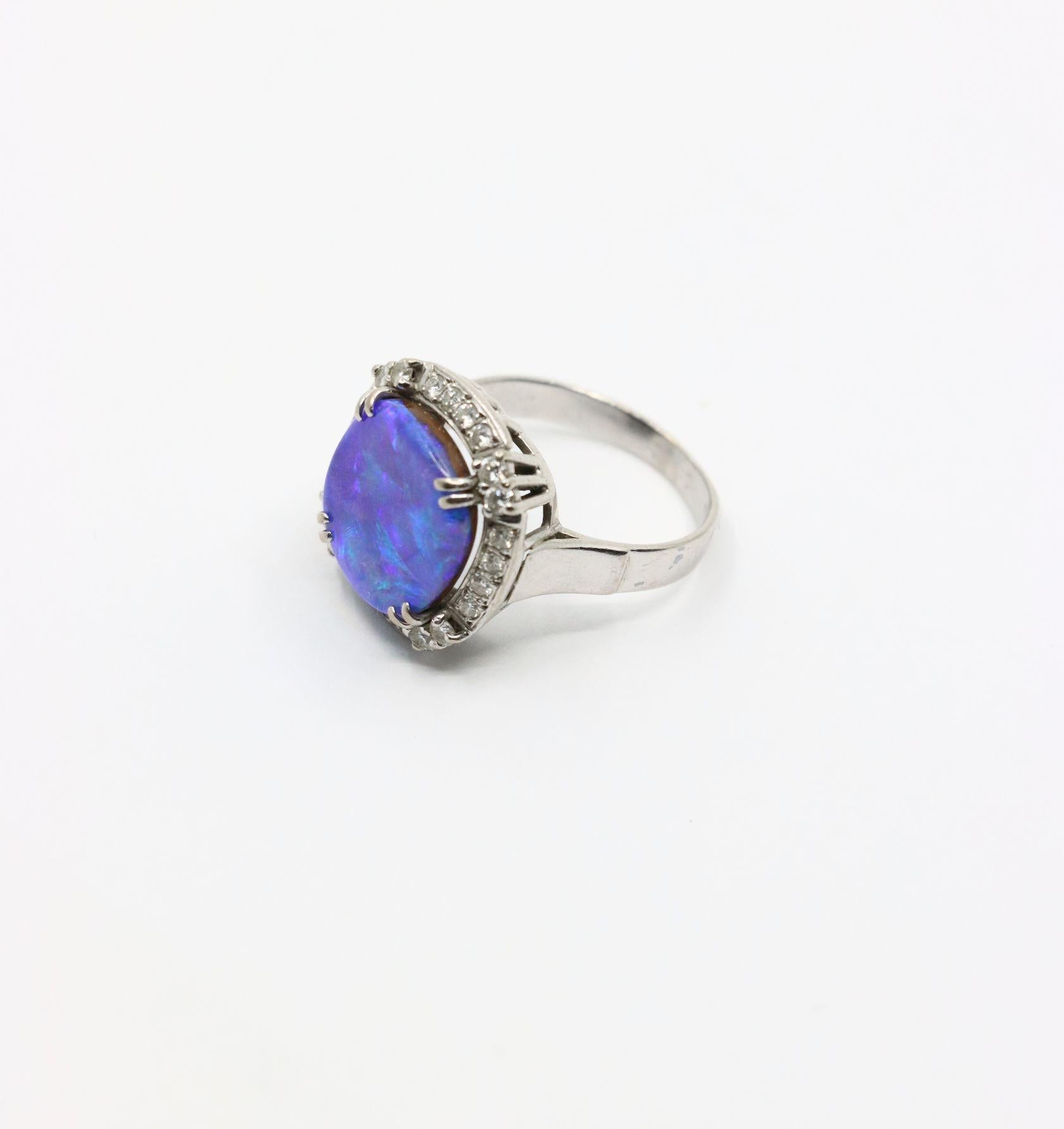 Vintage Platinum Diamond Boulder Opal Ring For Sale 2