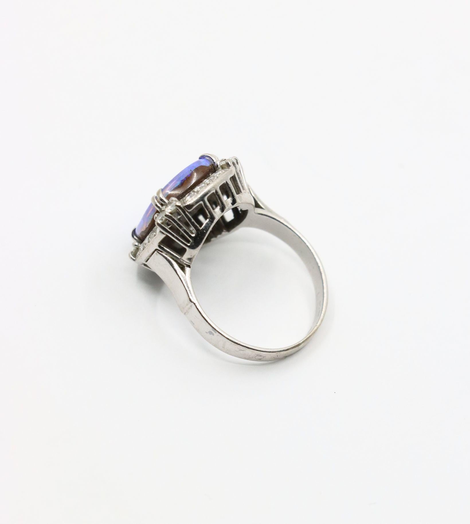 Vintage Platinum Diamond Boulder Opal Ring For Sale 3