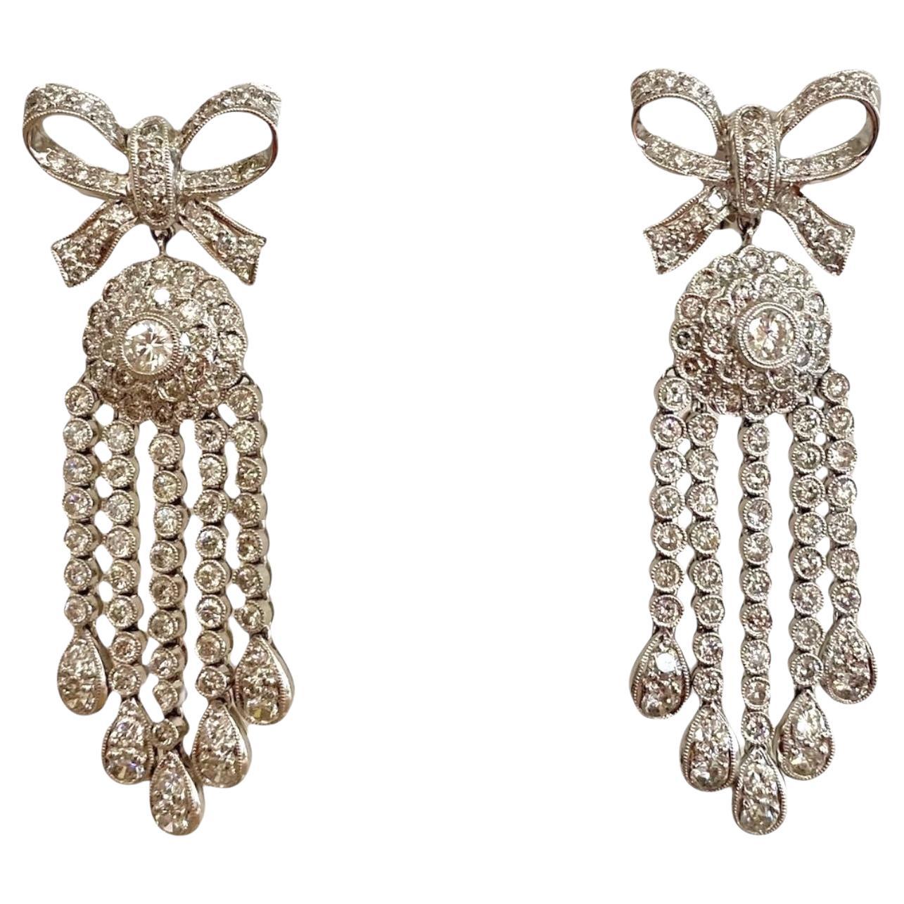 Vintage Platinum Diamond Bow Chandelier Earrings