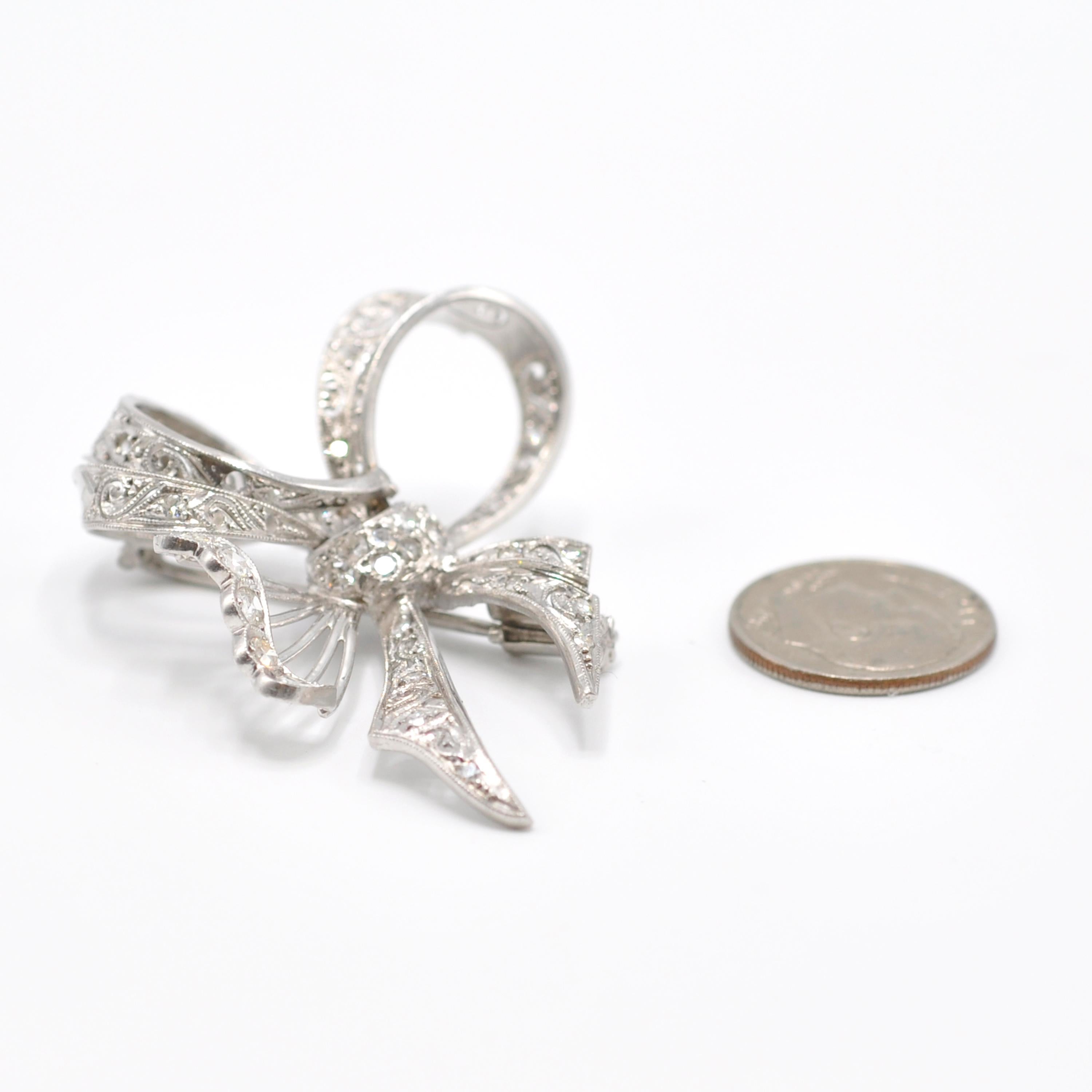 Round Cut Vintage Platinum Diamond Butterfly Bow Pin