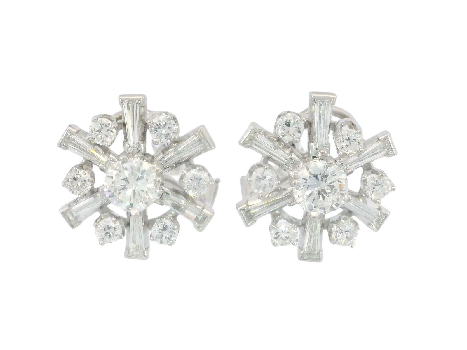 Vintage Platinum Diamond Cluster Earrings with Gold Clip on Backs ~5.8ctw In Excellent Condition For Sale In Fairfield, CT