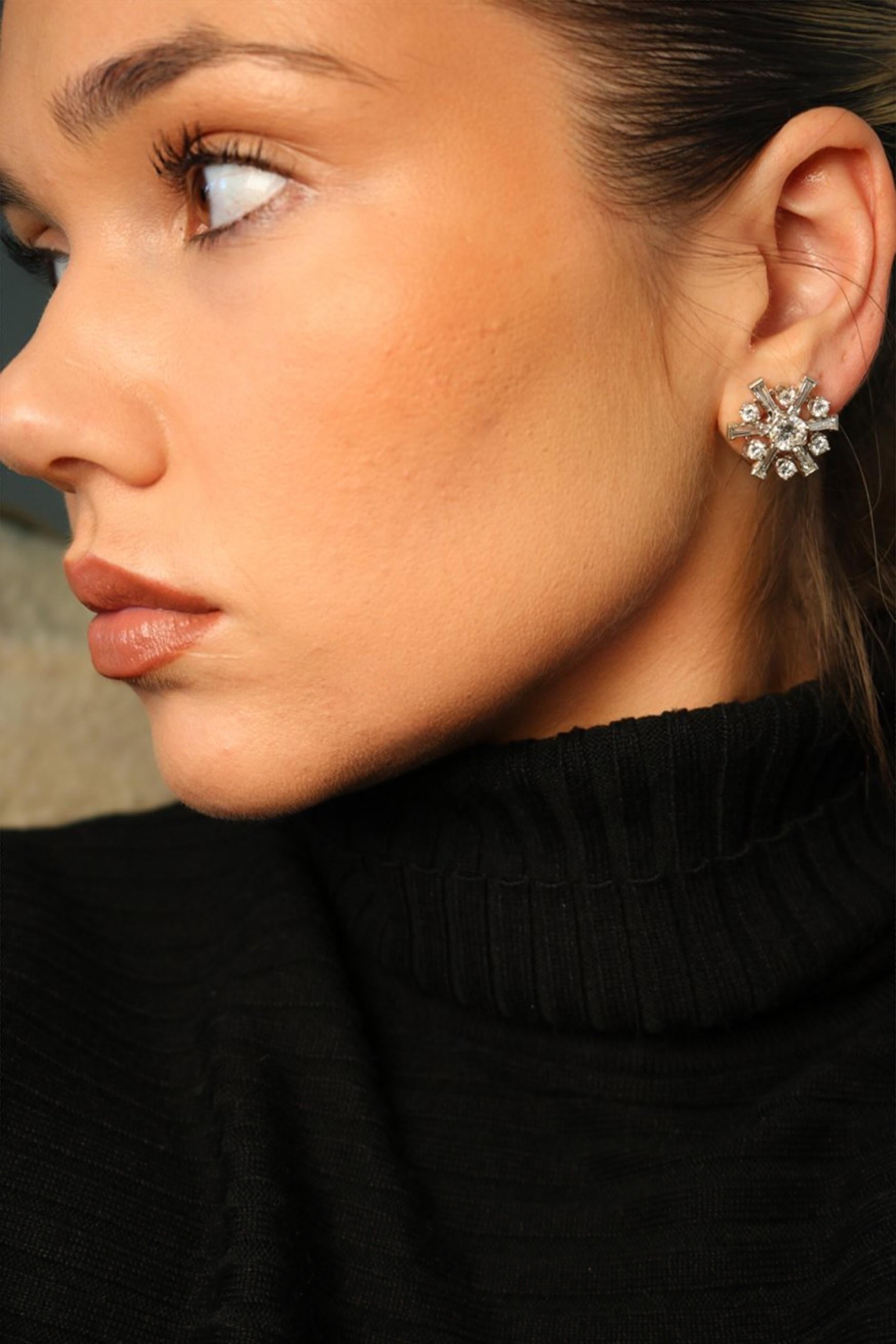 Women's Vintage Platinum Diamond Cluster Earrings with Gold Clip on Backs ~5.8ctw For Sale