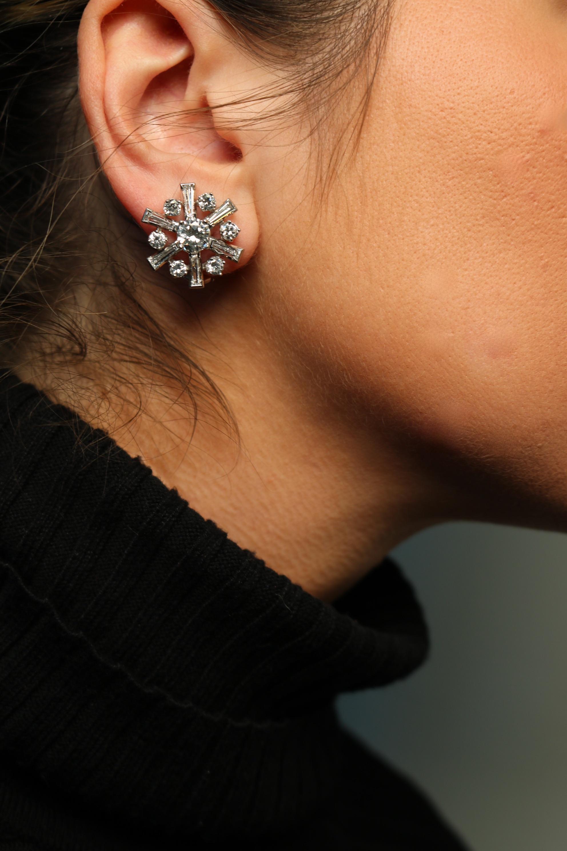 Vintage Platinum Diamond Cluster Earrings with Gold Clip on Backs ~5.8ctw For Sale 1