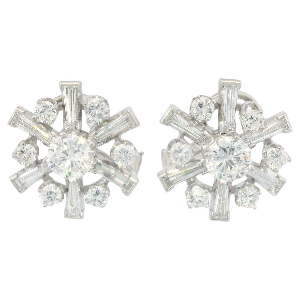 Vintage Platinum Diamond Cluster Earrings with Gold Clip on Backs ~5.8ctw For Sale
