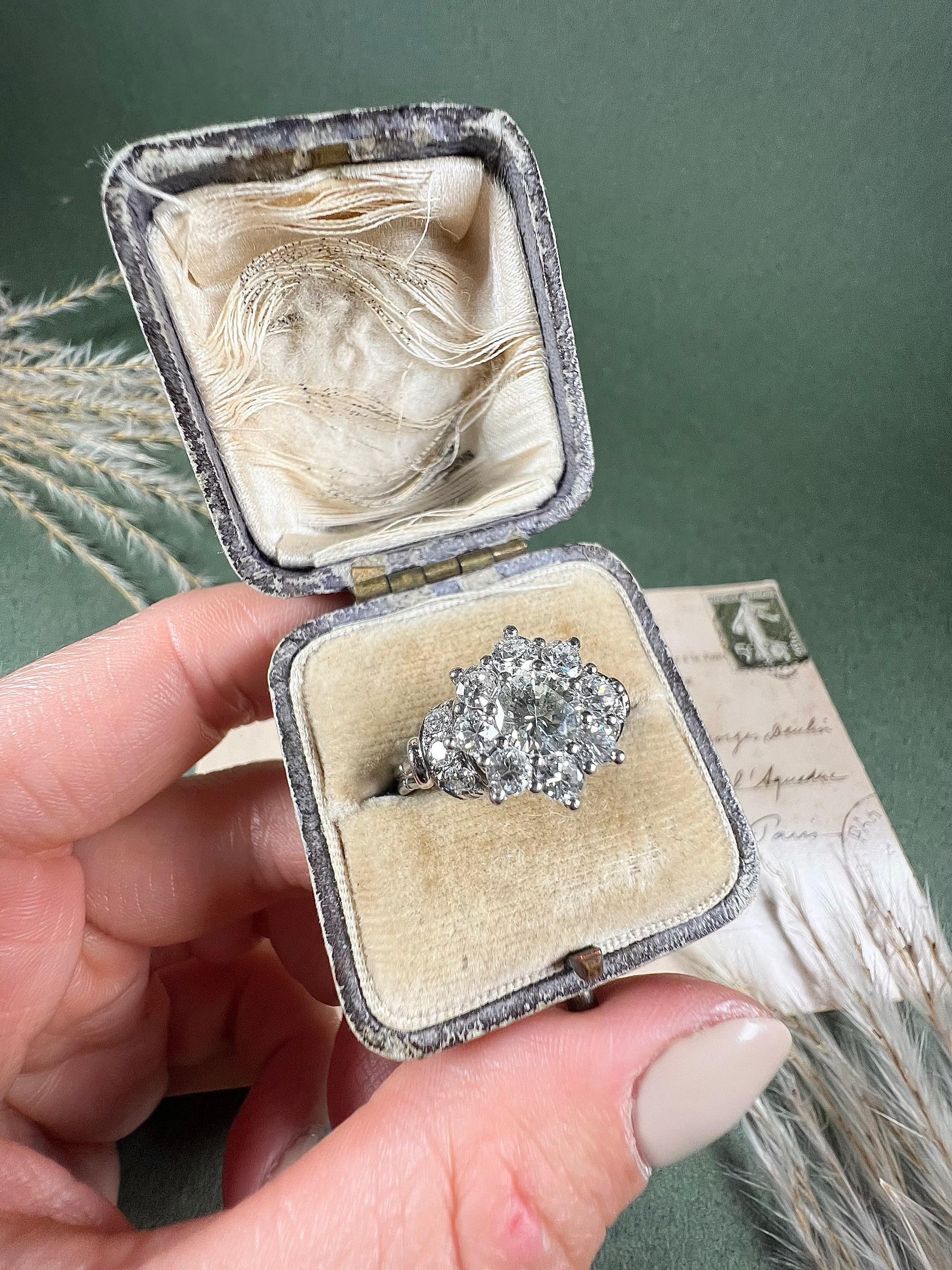 Vintage Platinum Diamond Cluster Engagement Ring For Sale 4