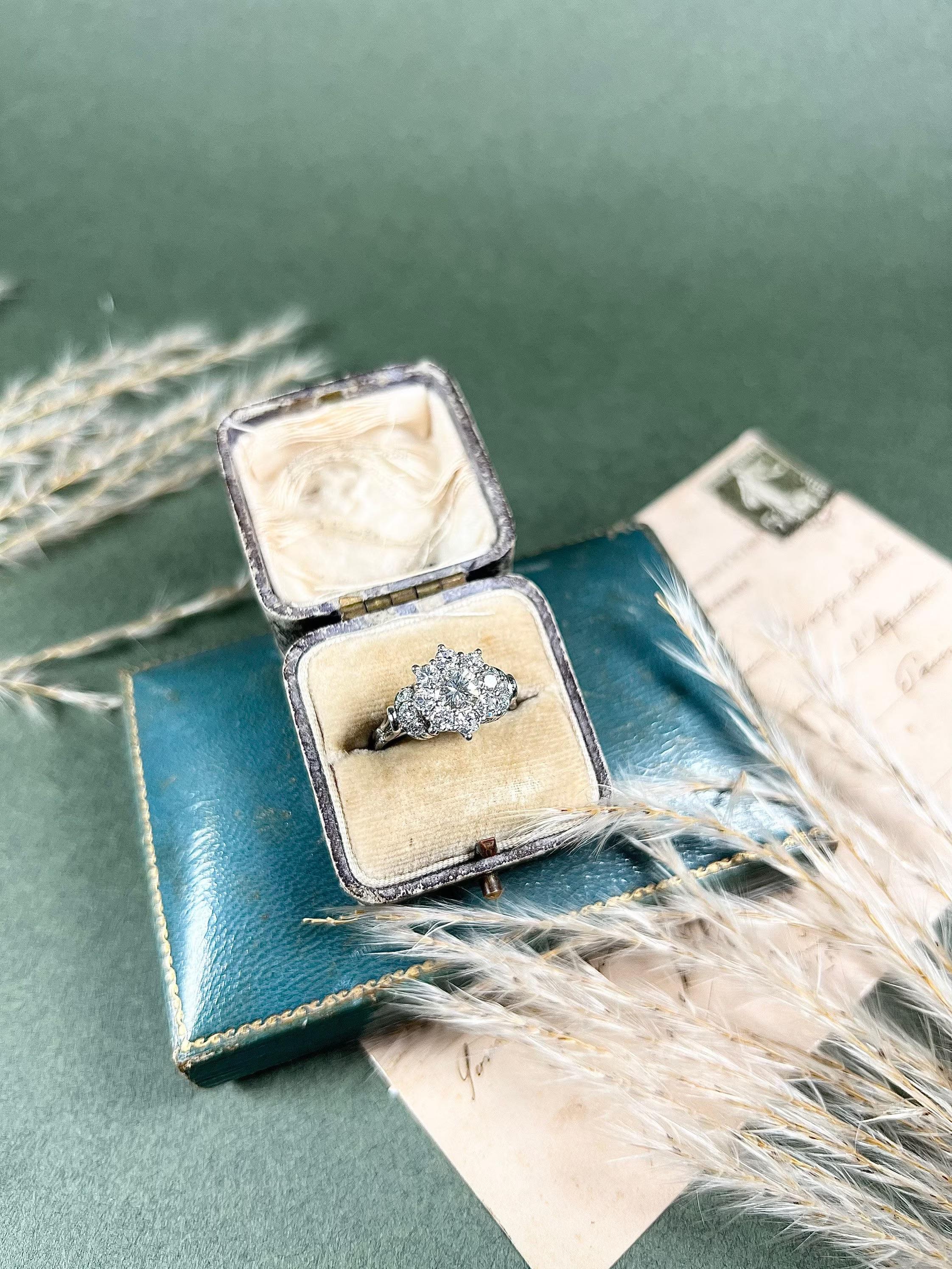 Women's or Men's Vintage Platinum Diamond Cluster Engagement Ring For Sale