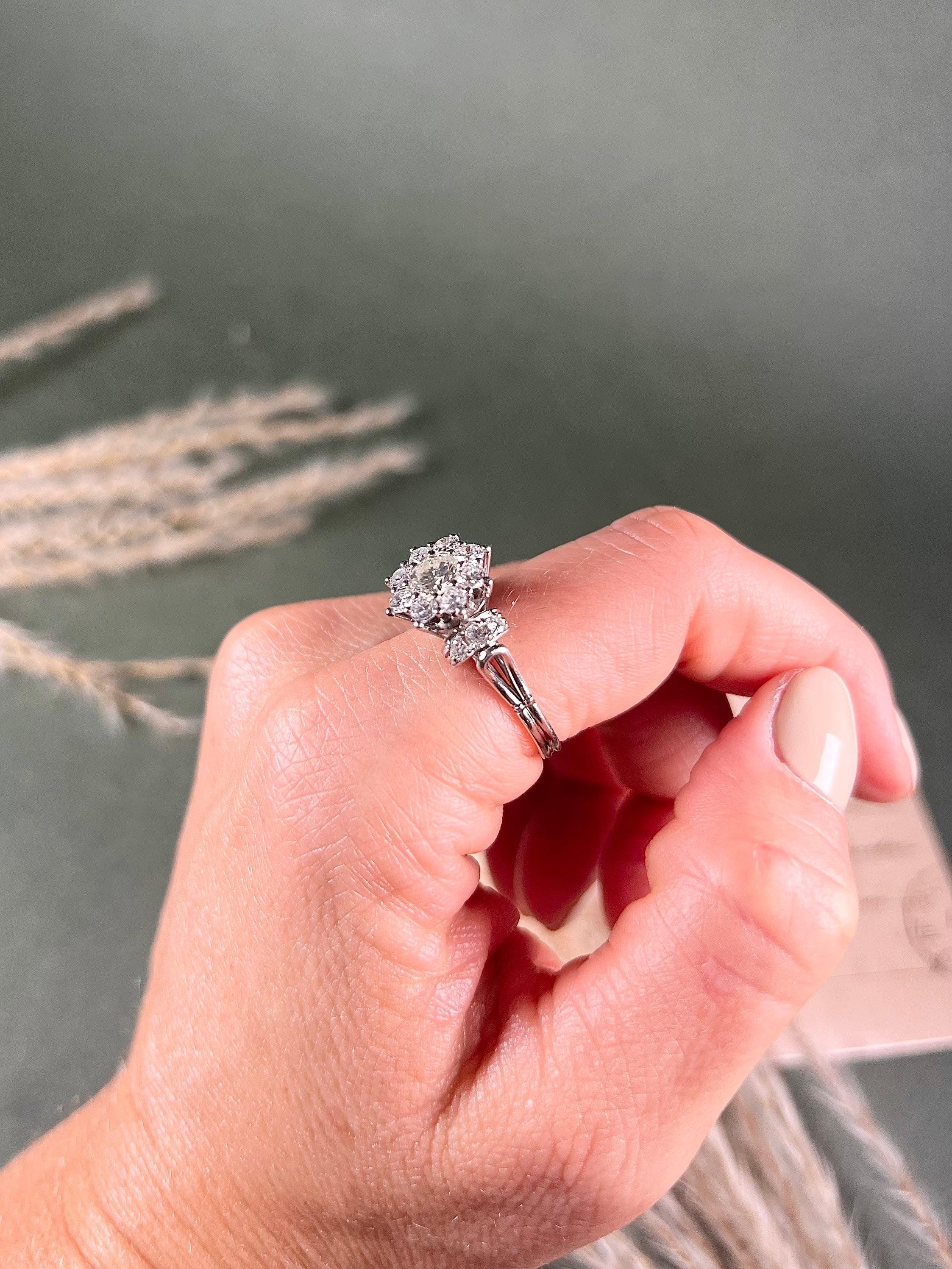 Vintage Platinum Diamond Cluster Engagement Ring For Sale 3