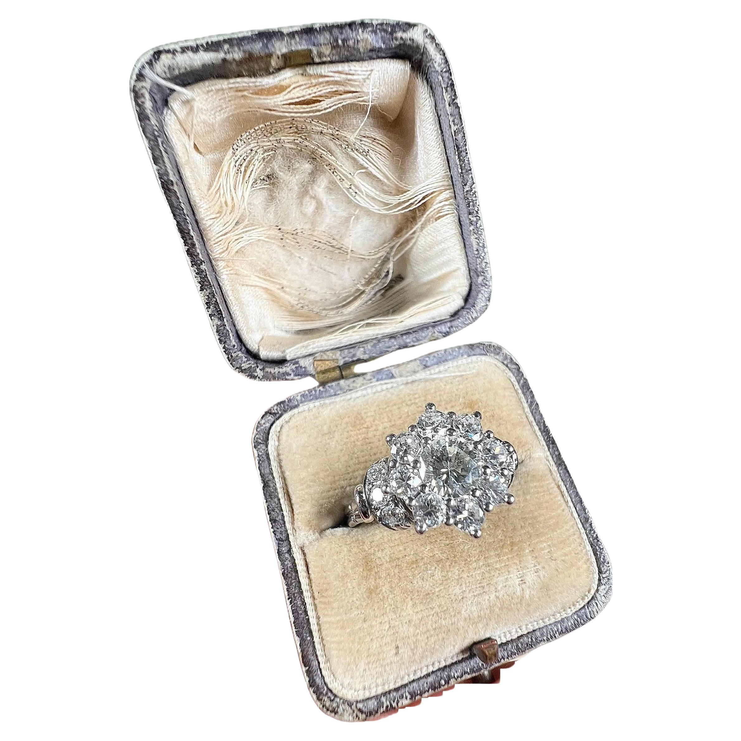 Vintage Platinum Diamond Cluster Engagement Ring For Sale