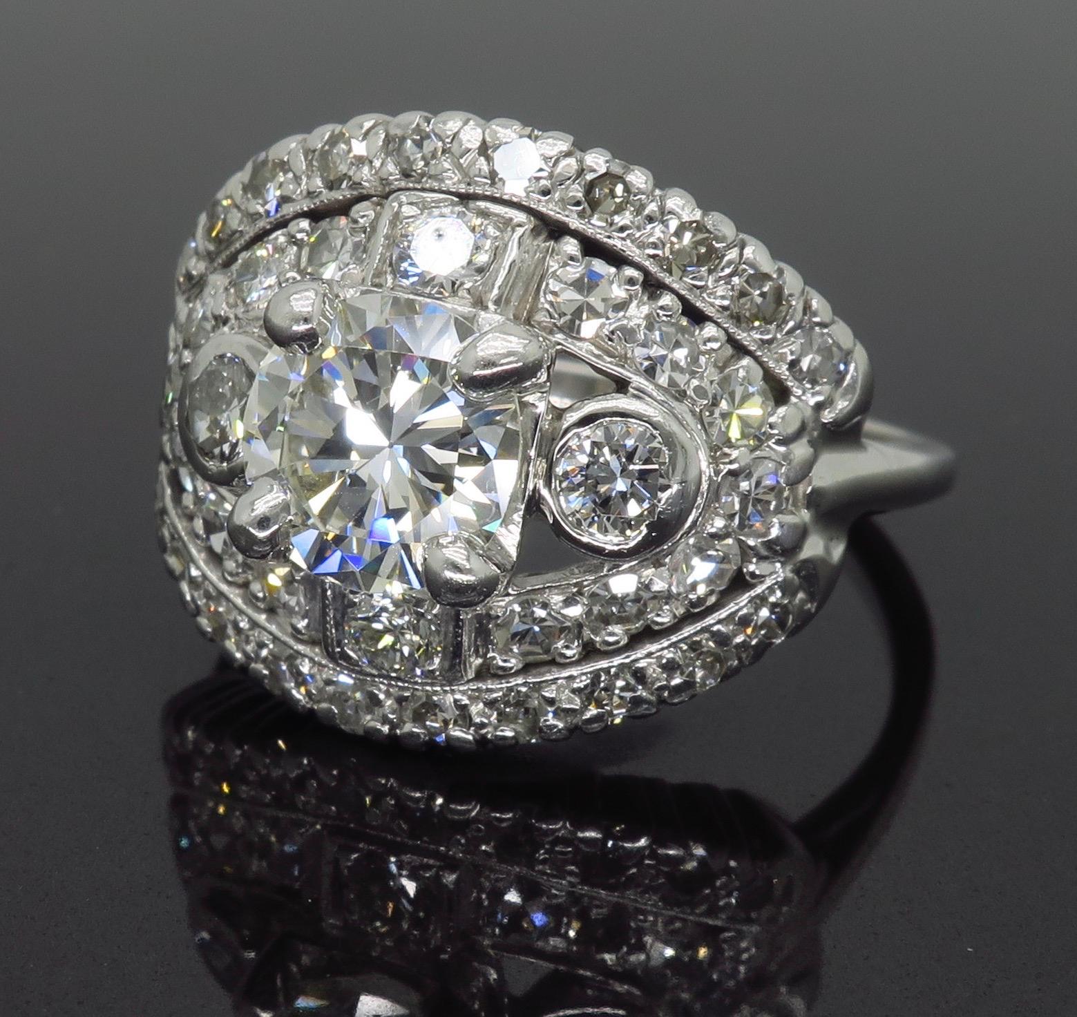 Vintage Platinum Diamond Cocktail Ring In Excellent Condition In Webster, NY