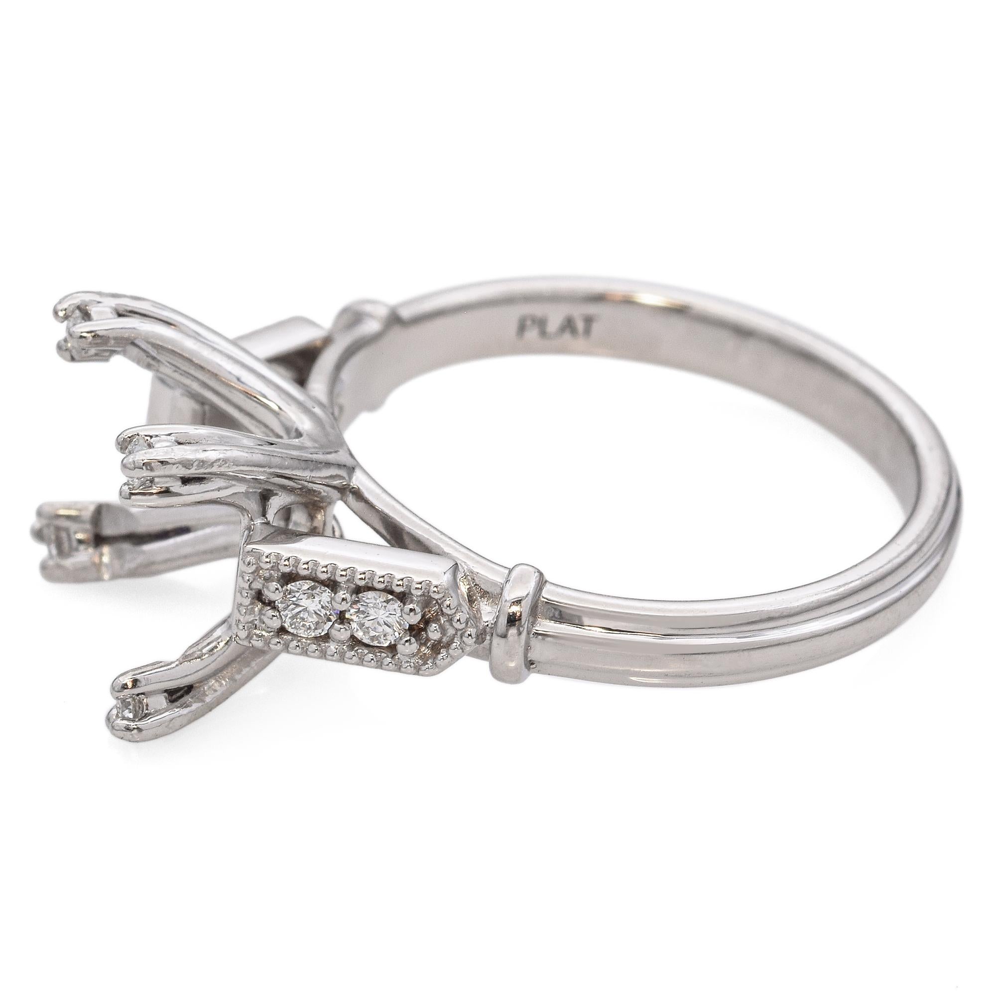 Vintage Platinum Diamond Engagement Emerald Cut Opening Semi-Mount Ring In Good Condition For Sale In New York, NY