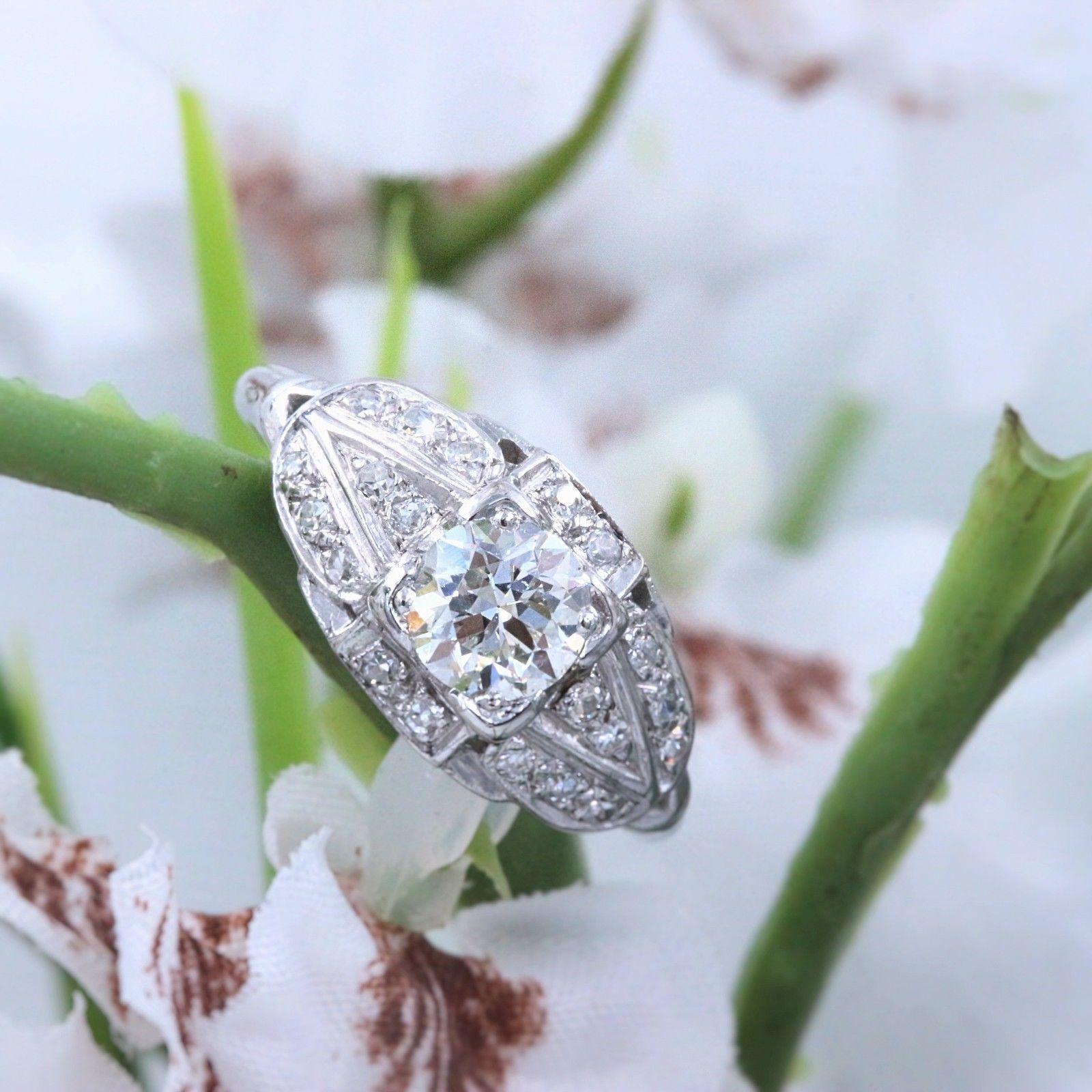 Vintage Platinum Diamond Engagement Ring Old Cuts 1.08 Carat For Sale 1