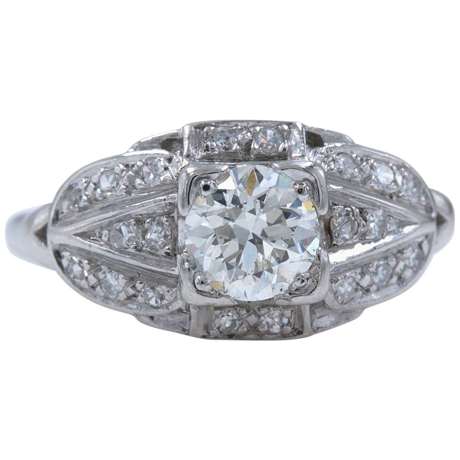 Vintage Platinum Diamond Engagement Ring Old Cuts 1.08 Carat For Sale