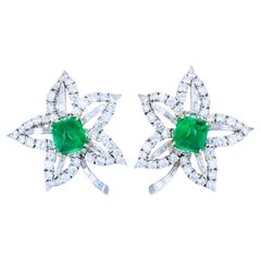 Vintage Platinum Diamond Floral Earrings Sugarloaf Emerald Estate Jewelry