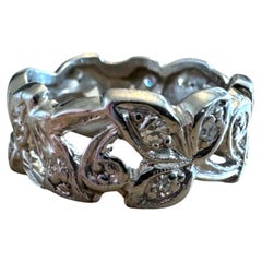 Bague d'éternité vintage en platine avec diamants de style floral, taille 4,5