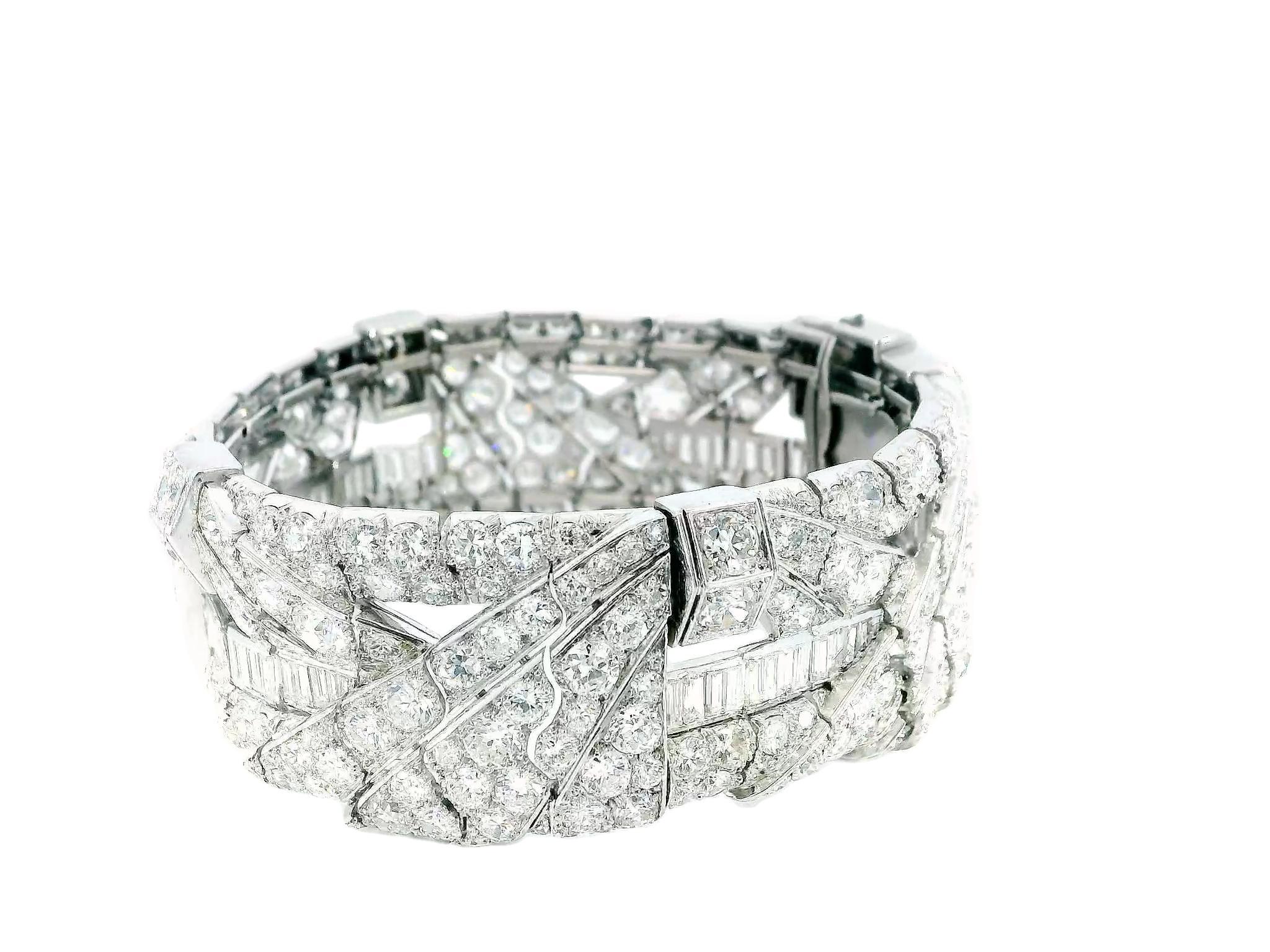 This exquisite 1940s bracelet is a stunning example of fine jewelry craftsmanship. Made from luxurious platinum, it features an impressive collection of mixed-cut diamonds that total 60.00 carats. The diamonds are characterized by their pristine