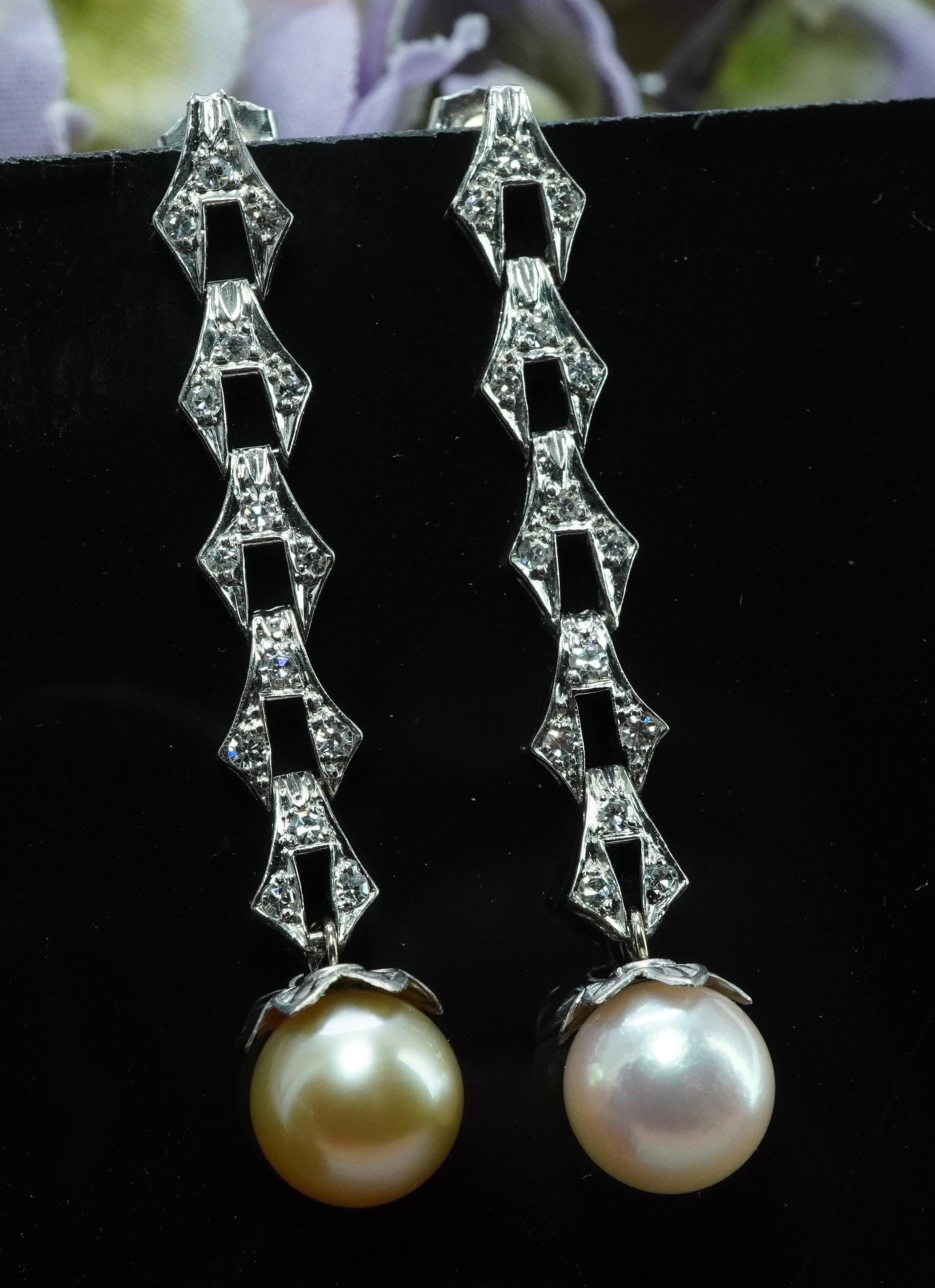  Vintage Platinum Diamond Golden Rose Pearl Dangling Earrings Estate 1-7/8