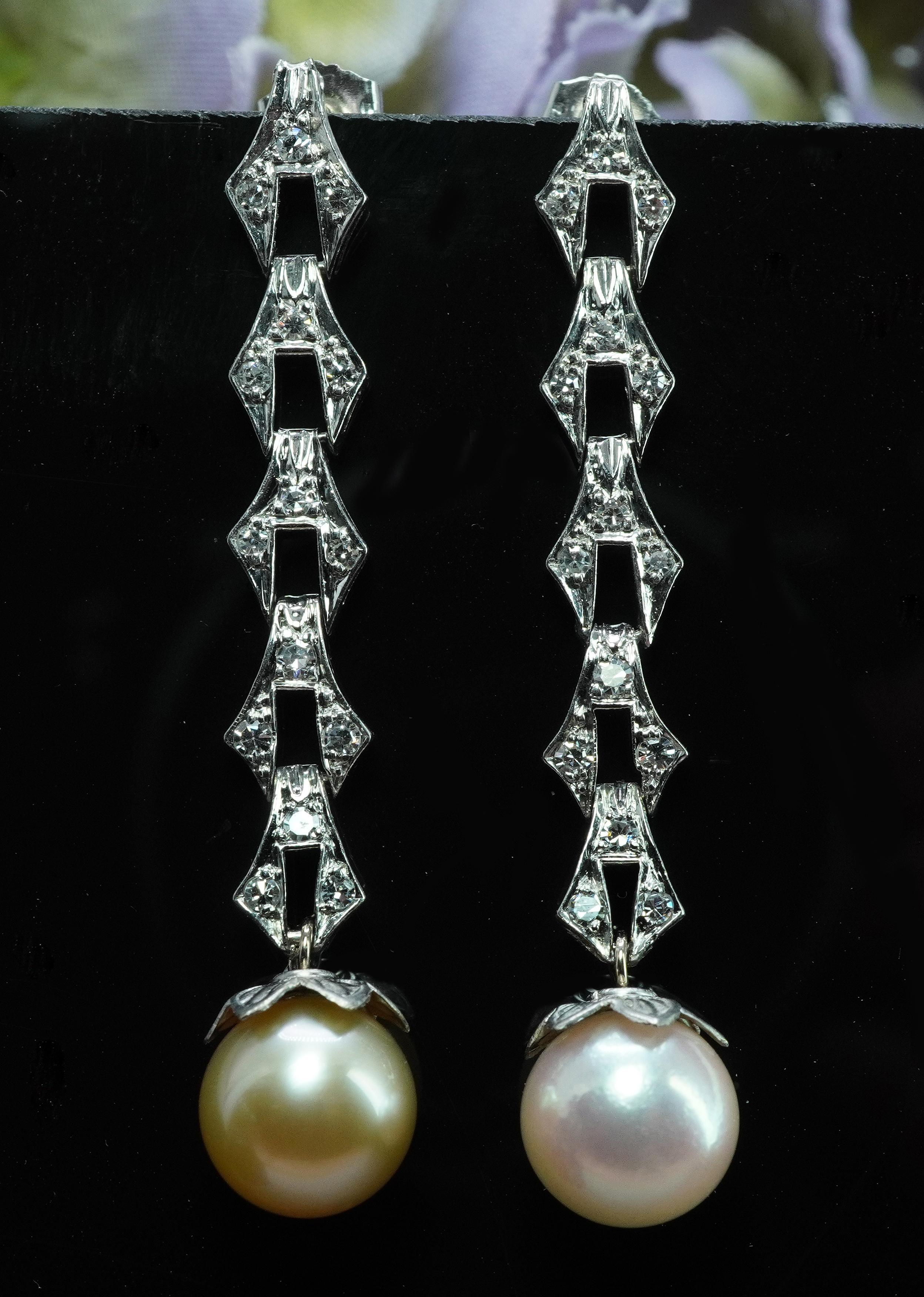 Retro Vintage Platinum Diamond Golden Rose Pearl Dangling Earrings Estate 1-7/8