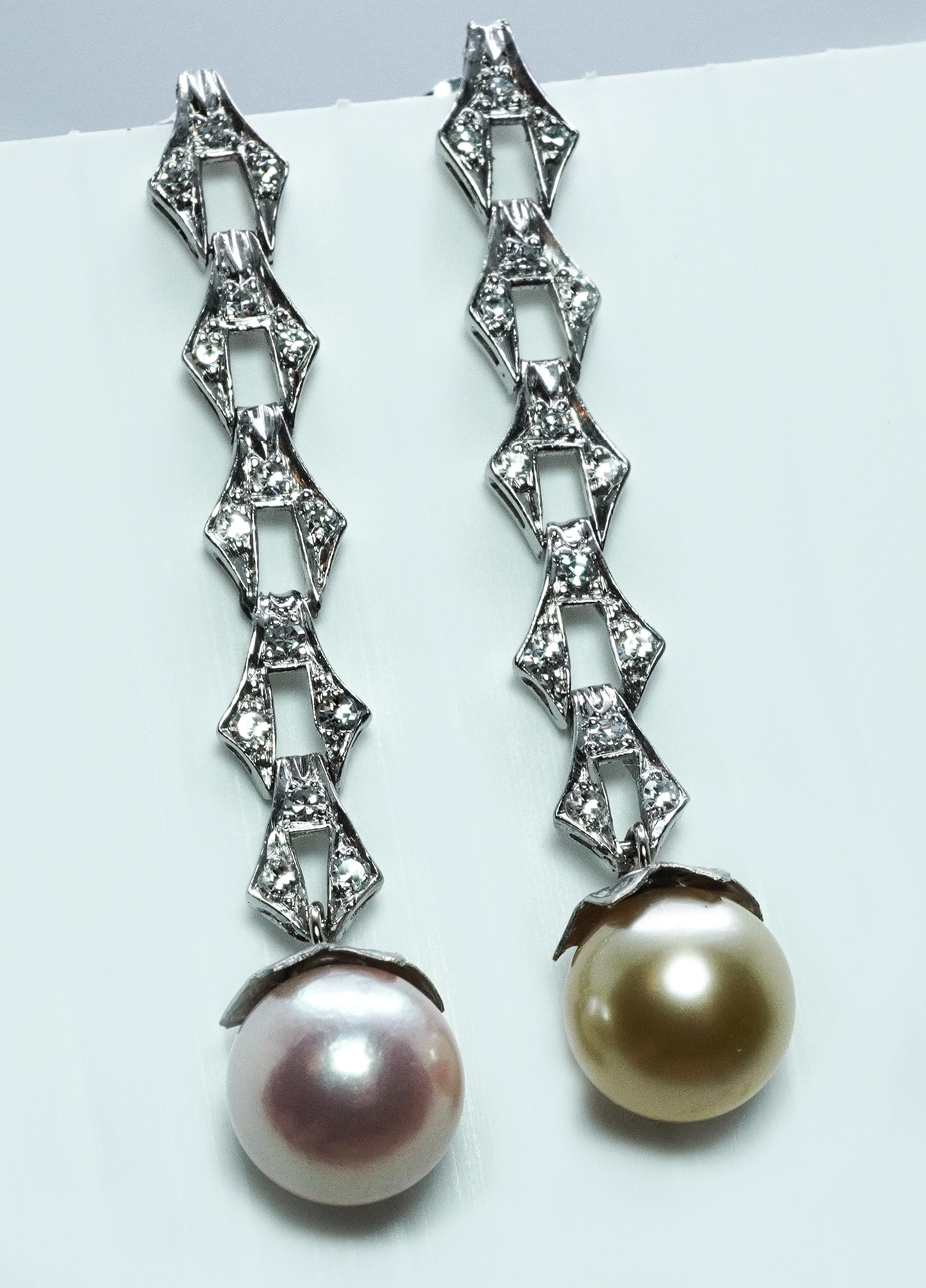 Round Cut Vintage Platinum Diamond Golden Rose Pearl Dangling Earrings Estate 1-7/8