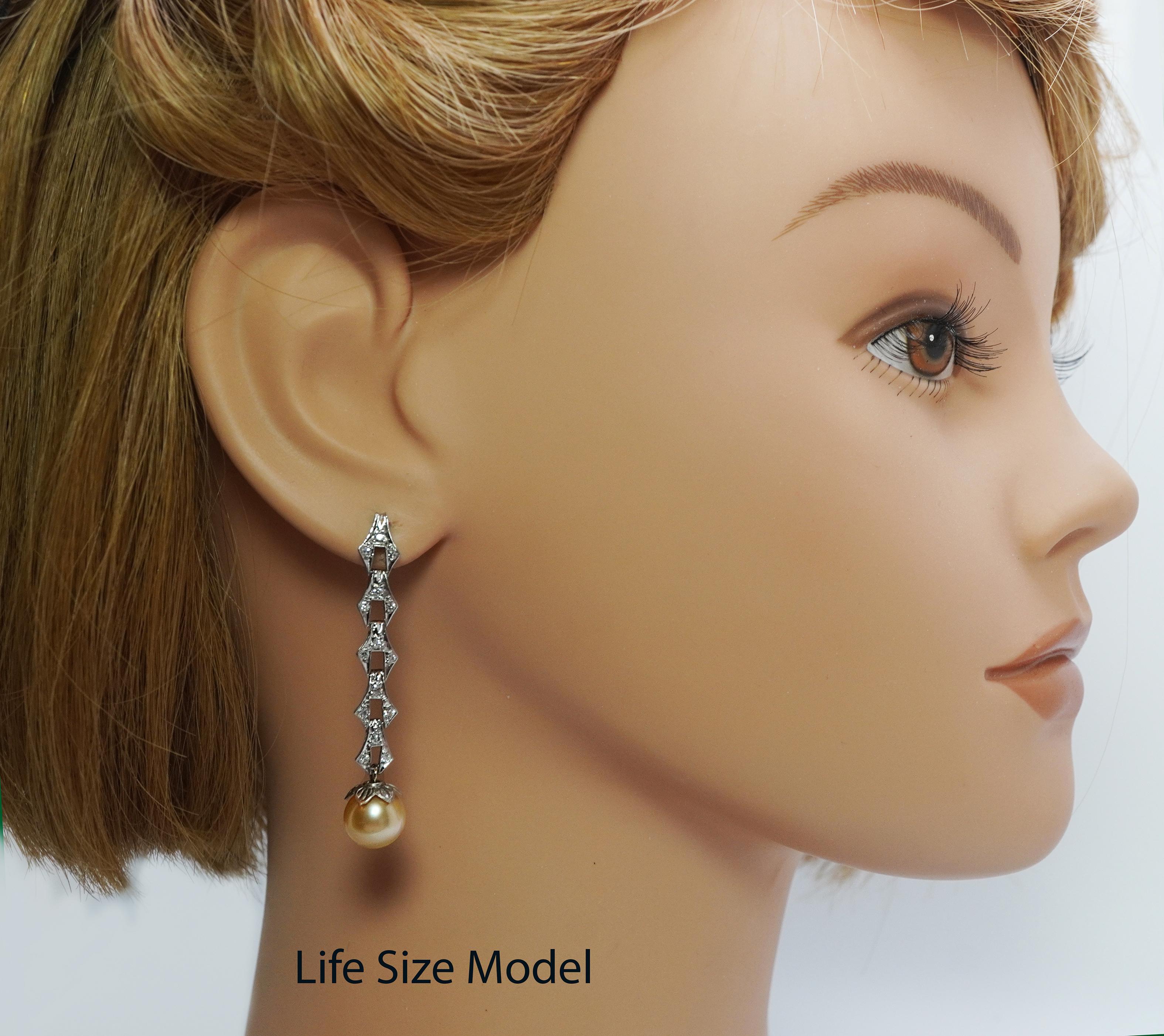 Women's Vintage Platinum Diamond Golden Rose Pearl Dangling Earrings Estate 1-7/8