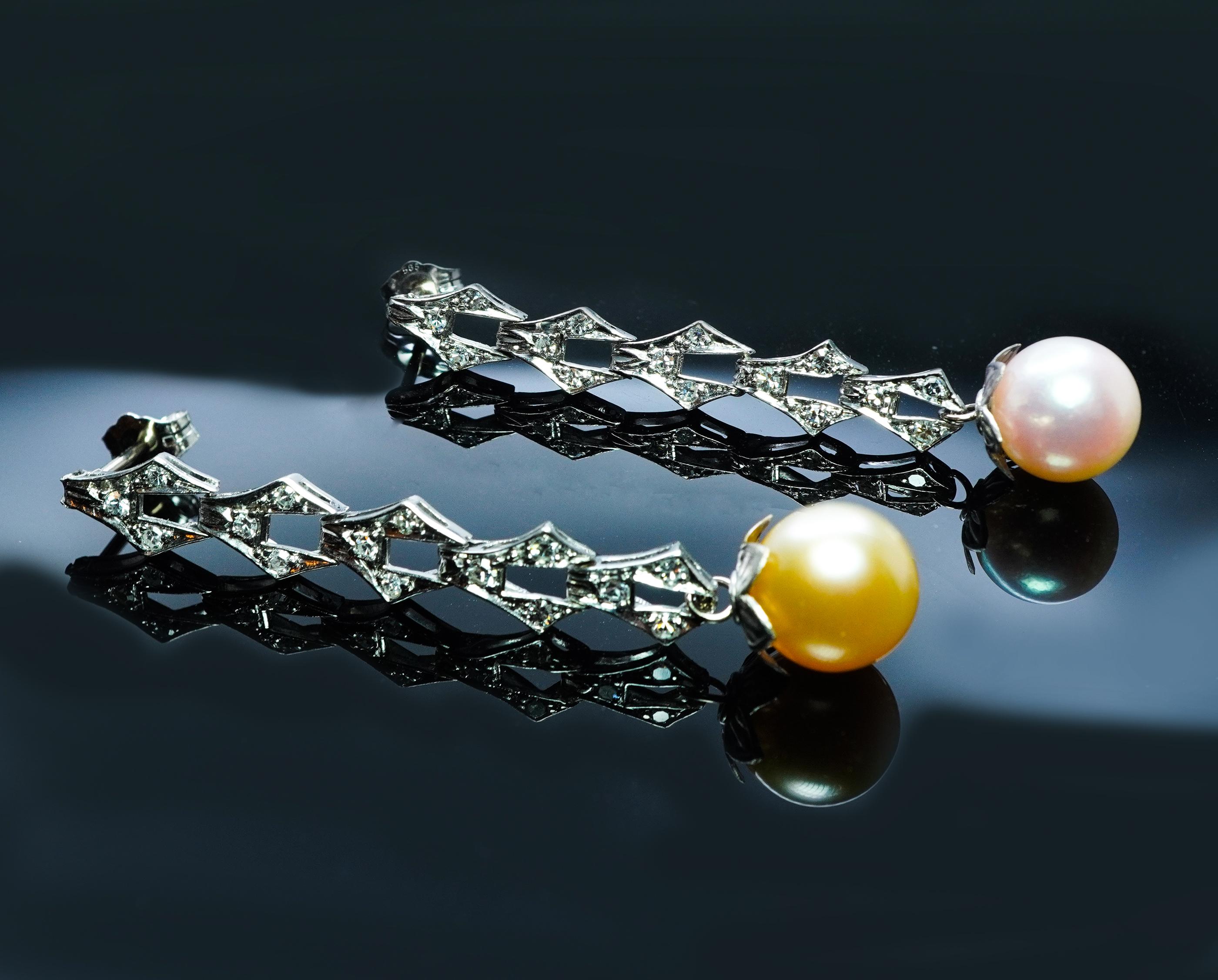 Vintage Platinum Diamond Golden Rose Pearl Dangling Earrings Estate 1-7/8