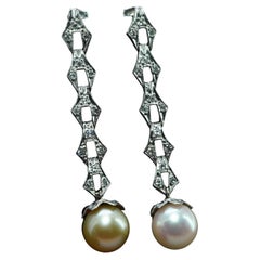 Vintage Platinum Diamond Golden Rose Pearl Dangling Earrings Estate 1-7/8" Long