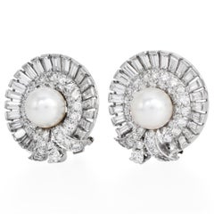 Vintage Platinum Diamond Halo Pearl Clip-On Earrings and Double pins