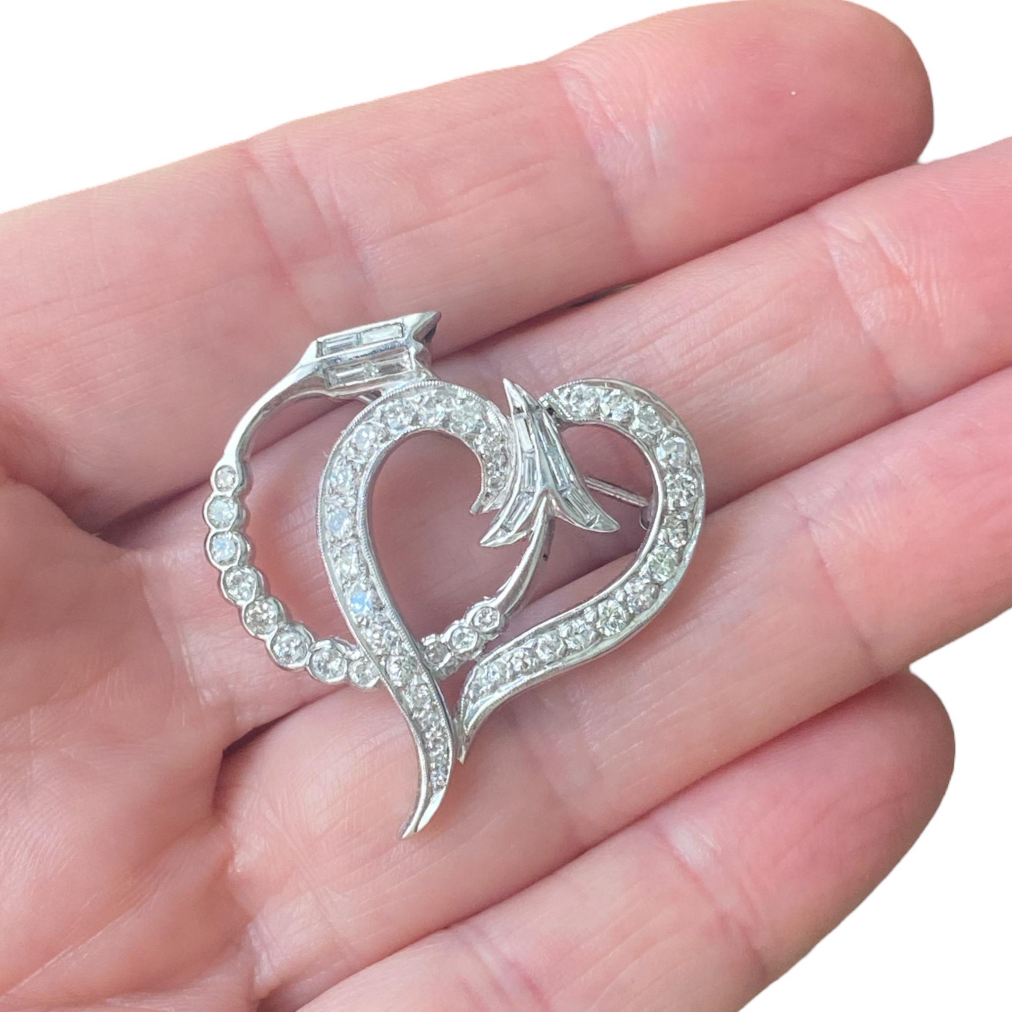 Vintage Platinum Diamond Heart and Arrow Pin Pendant For Sale 5
