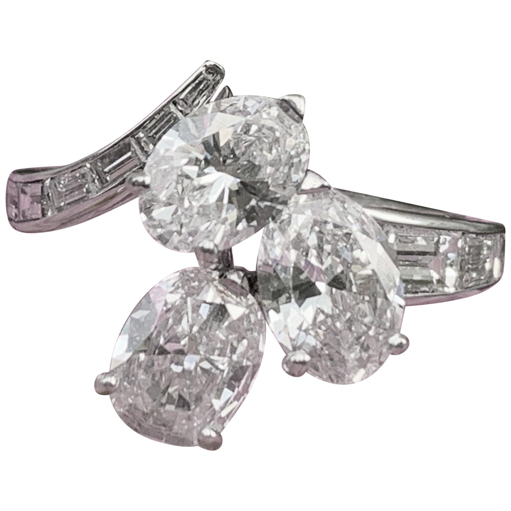 Vintage Platinum Diamond Oval Baguette Cut Three-Stone Cluster Statement Ring