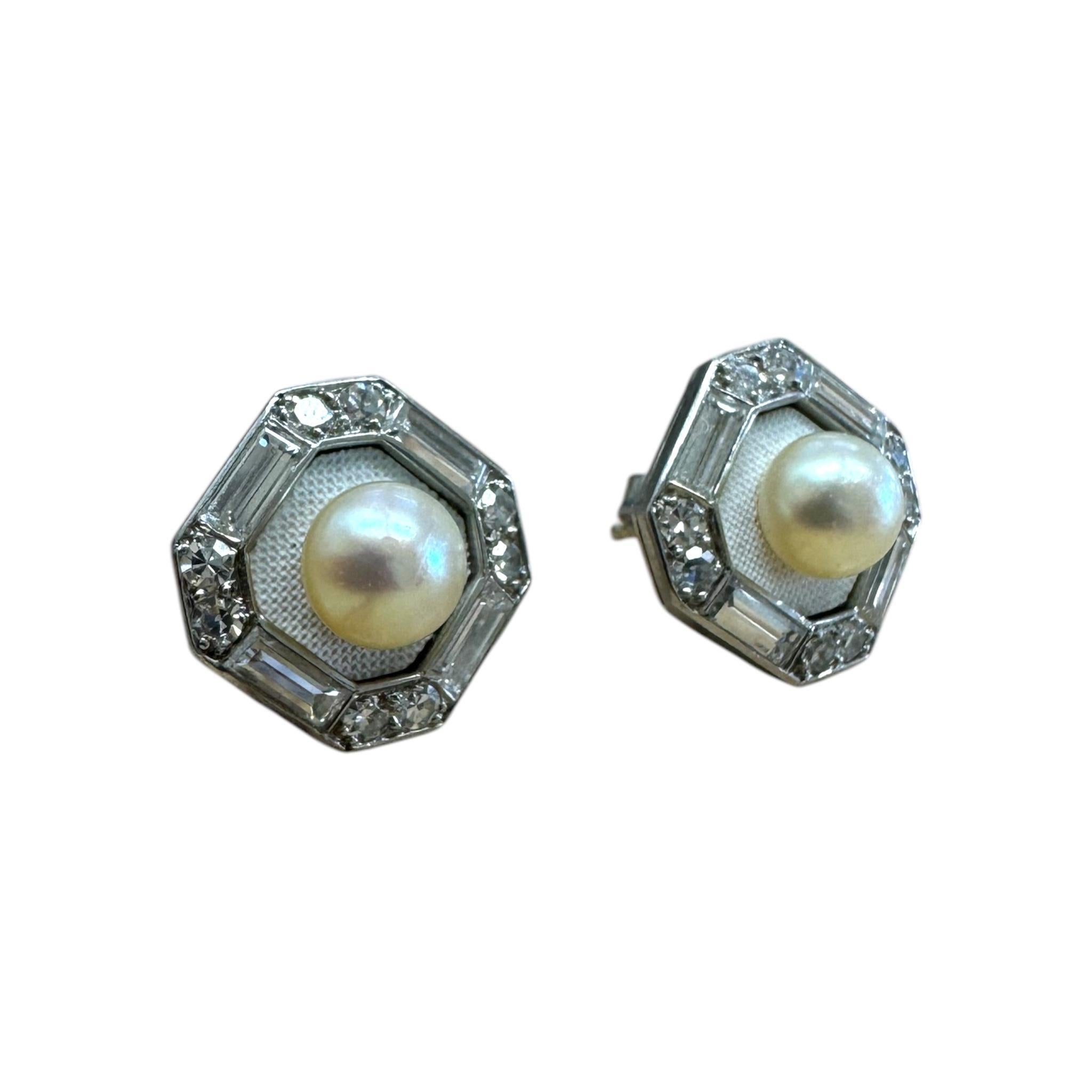 Vintage Platin Diamant & Perle Emaille Ohrstecker im Angebot 2