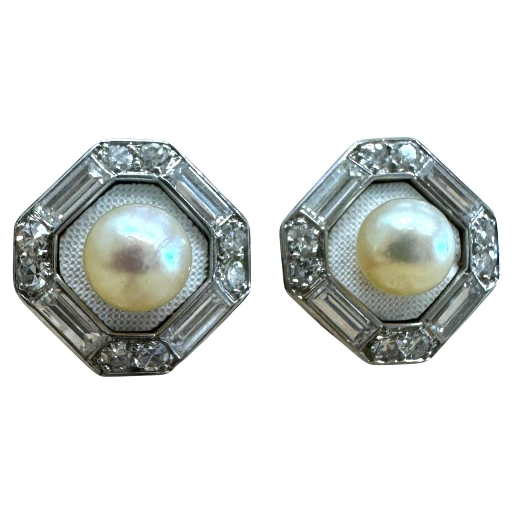 Vintage Platinum Diamond & Pearl Enamel Stud Earrings