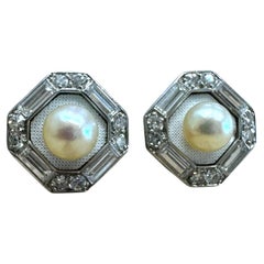 Pendientes vintage de platino, diamantes y perlas esmaltadas