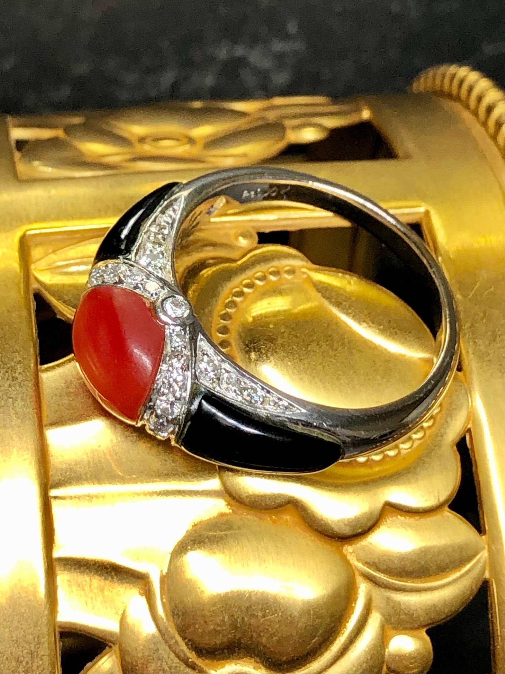 Vintage Platino Diamante Coral Rojo Cabujón Onyx Tallado Anillo G Vs Sz 9 en venta 2