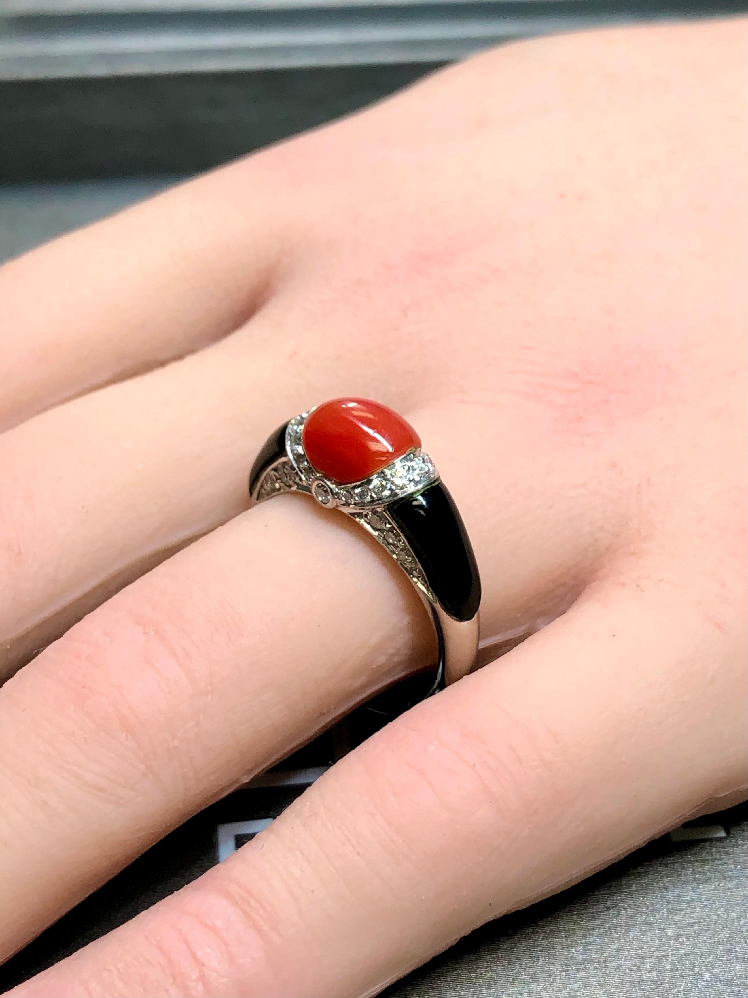 Vintage Platino Diamante Coral Rojo Cabujón Onyx Tallado Anillo G Vs Sz 9 en venta 3