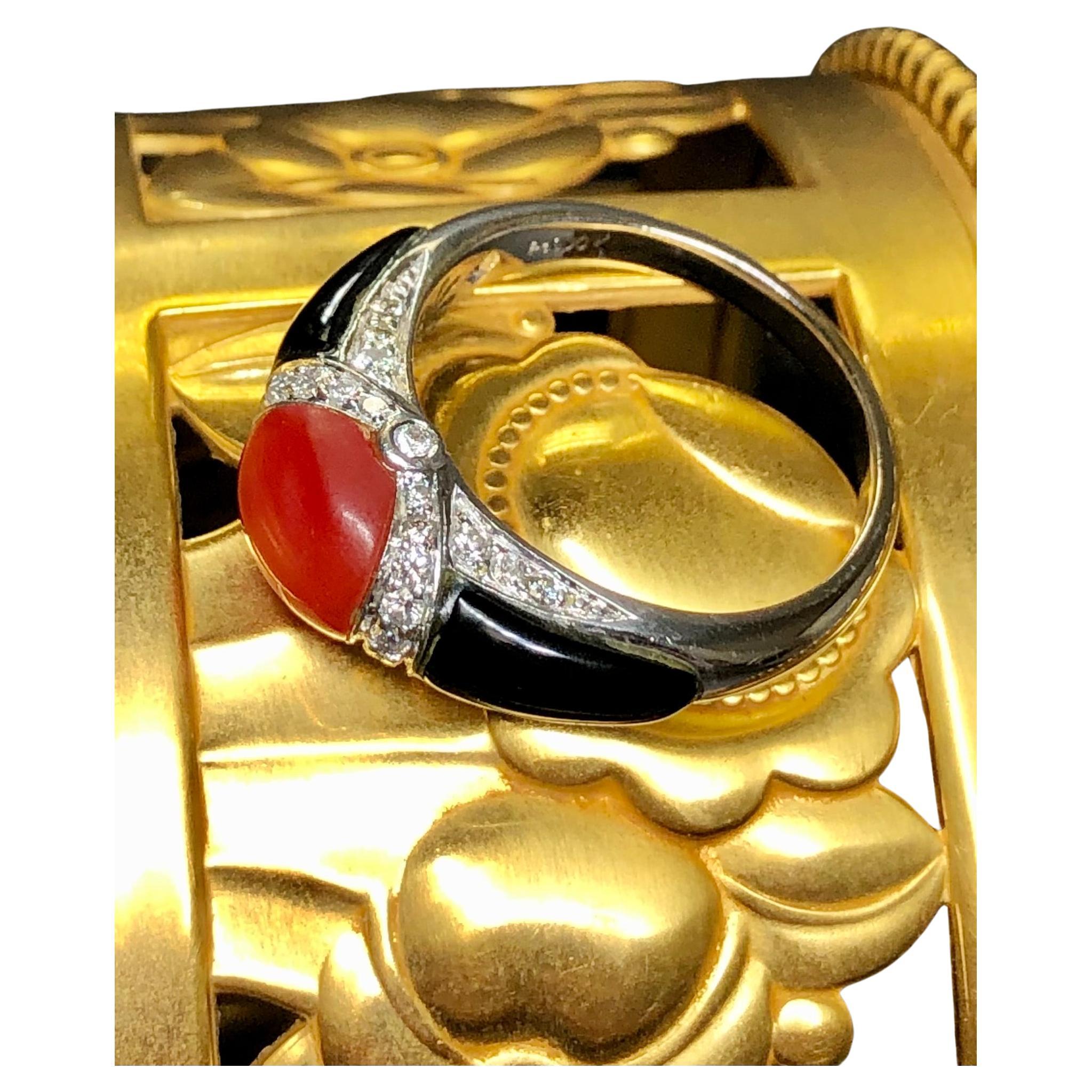 Vintage Platinum Diamond Red Coral Cabochon Carved Onyx Band Ring G Vs Sz 9 For Sale