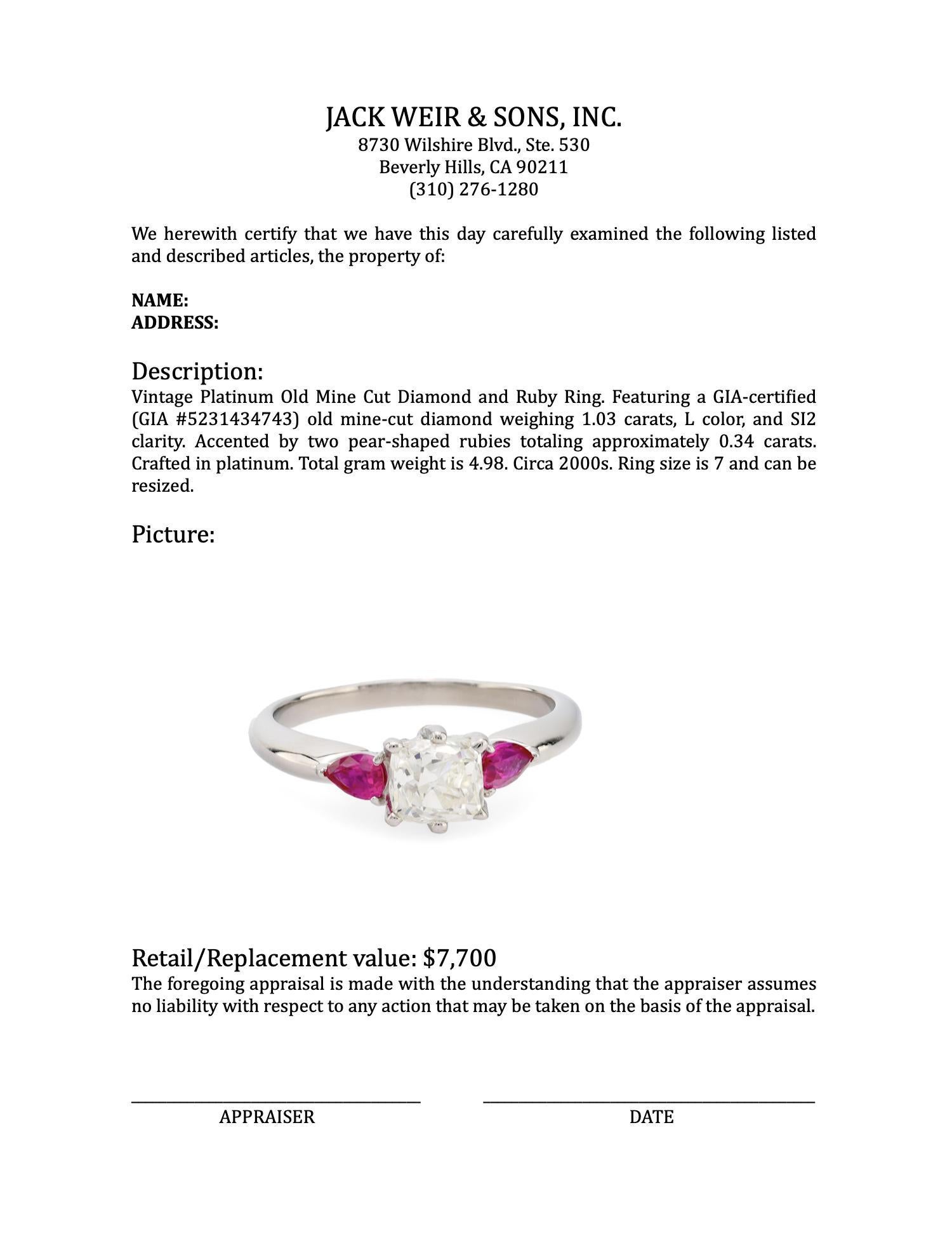 Women's or Men's Vintage platinum diamond ruby ring
